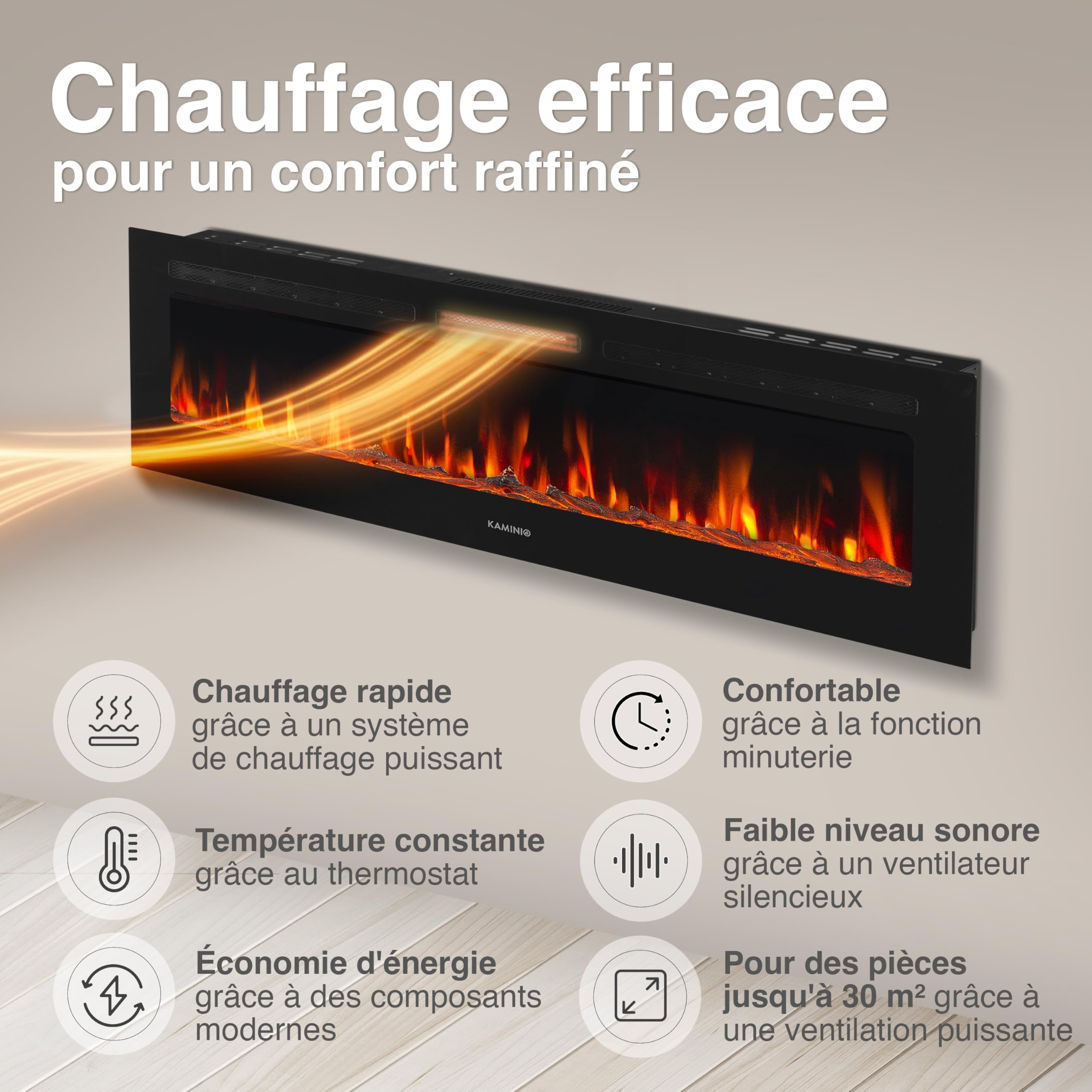 KAMINIO Cheminée Electrique Marlon - Cheminée Électrique 3-en-1 avec Chauffage, Effet de Flamme 3D, 12 Couleurs de Flammes, télécommande (70 Pouces) - 4