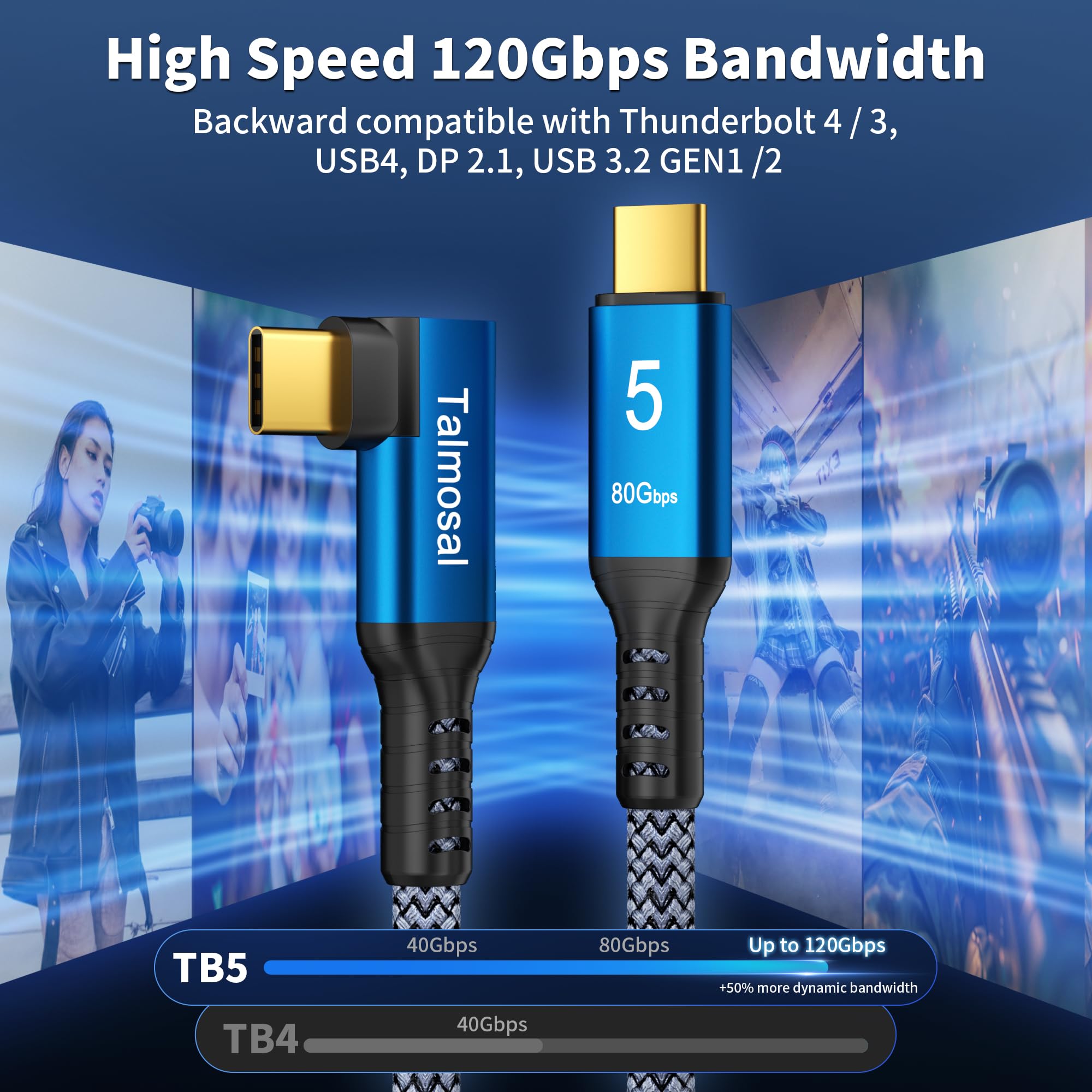 Câble Thunderbolt 5 240 W à angle droit de 1 m, prend en charge une bande passante de 120 Gbit/s, 80 Gbit/s, 16 K, double 8K, 4K 540 Hz, triple 4K 144 Hz pour iPhone 16, Thunderbolt 4/3, USB4, SSD