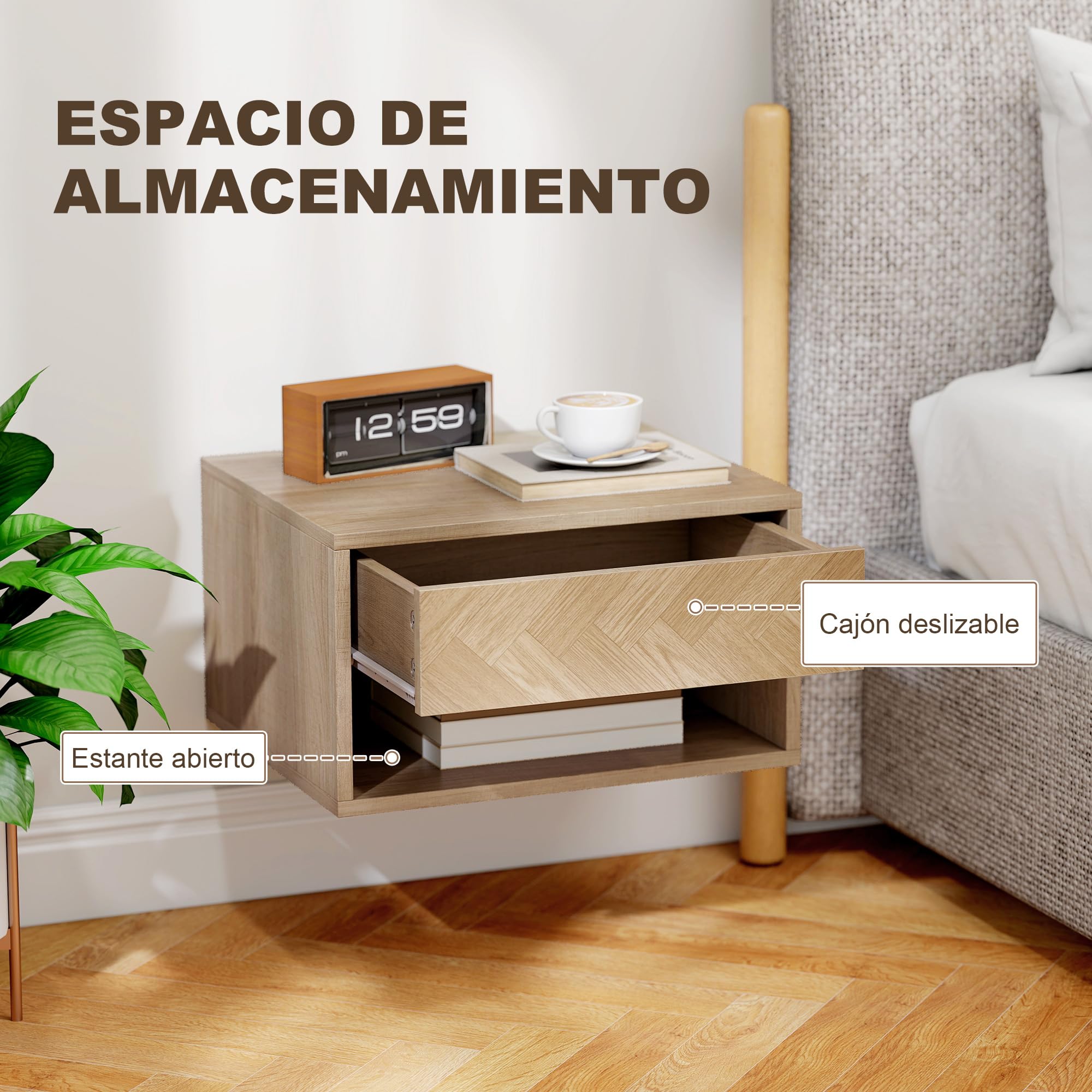 HOMCOM Juego de 2 Mesitas de Noche Flotantes, Mesillas de Noche con Cajón, Estante Abierto, para Dormitorio, Salón, 37x32x21 cm, Natural