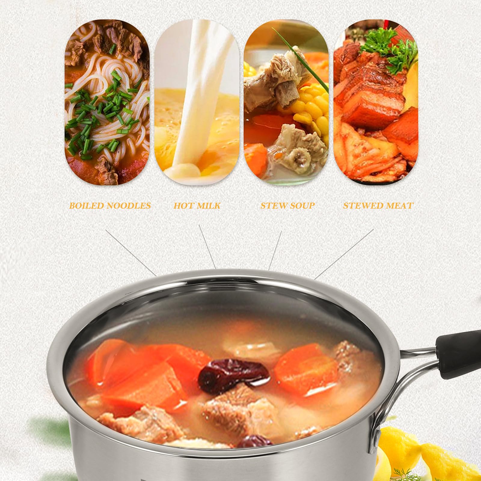 Eingedickter Suppentopf aus Edelstahl, 1 Stück, Silber | Mehrzweck Kochtopf, ein Griff, Haushaltsformat, für Nudeln und Instant Suppe