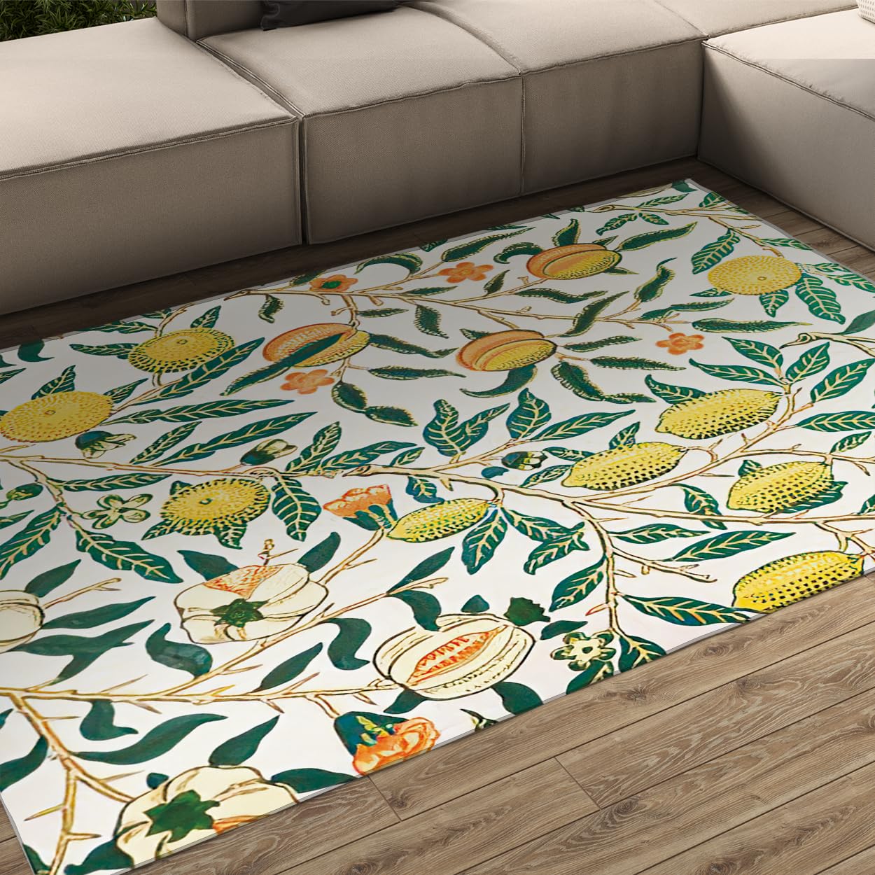 Dywan 140 x 200 do obszaru botaniczna cytryna miękka zmywalna mata do salonu wnętrze antypoślizgowe żółte liście cytrusowe zielone tło obszar nadruku jadalnia dom przedszkolny