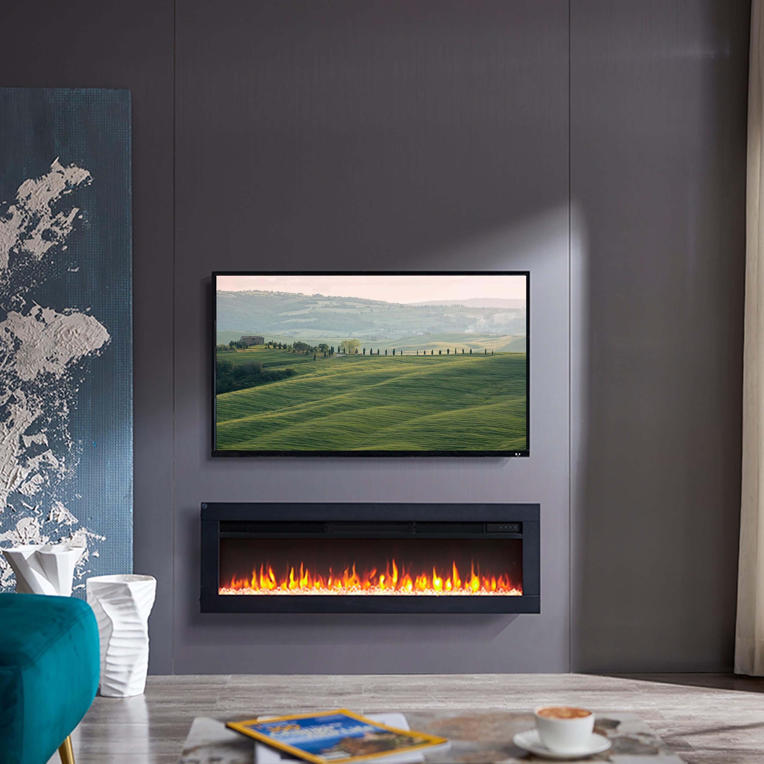 BALDERIA camino elettrico Agnes 40" | Camino da incasso con una potenza termica di 2000 W | Effetto fiamma 3D | Camino a inserto con telecomando, timer, termostato | Nero