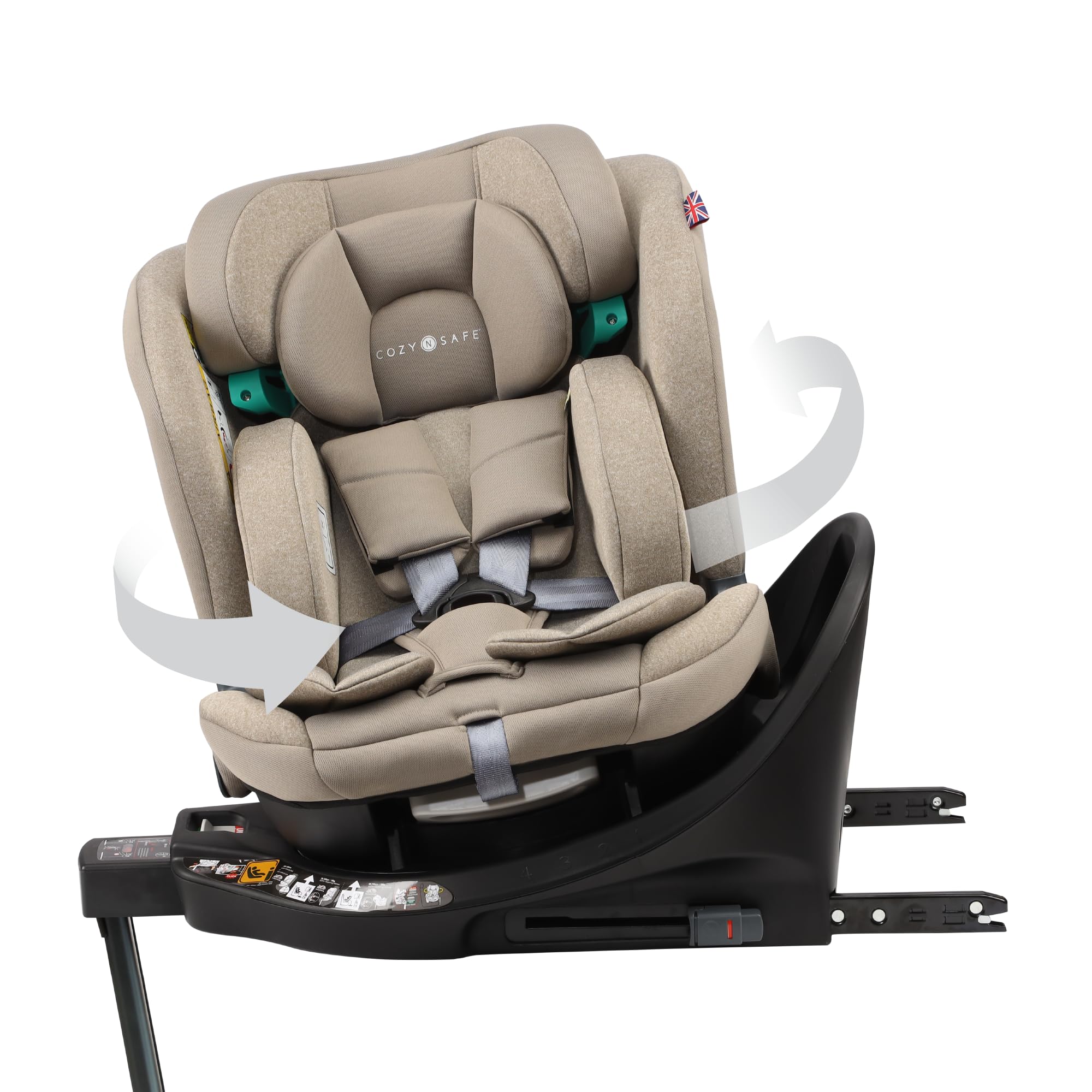 Cozy N Safe Stanford i-Size 360 Rotating Car Seat 40-150cm, ISOFix & Support Leg, Rear & Forward Facing, 5 Recline Positions, Adjustable Headrest, Side Impact Protection, Birth to 12 Years (Ecru)