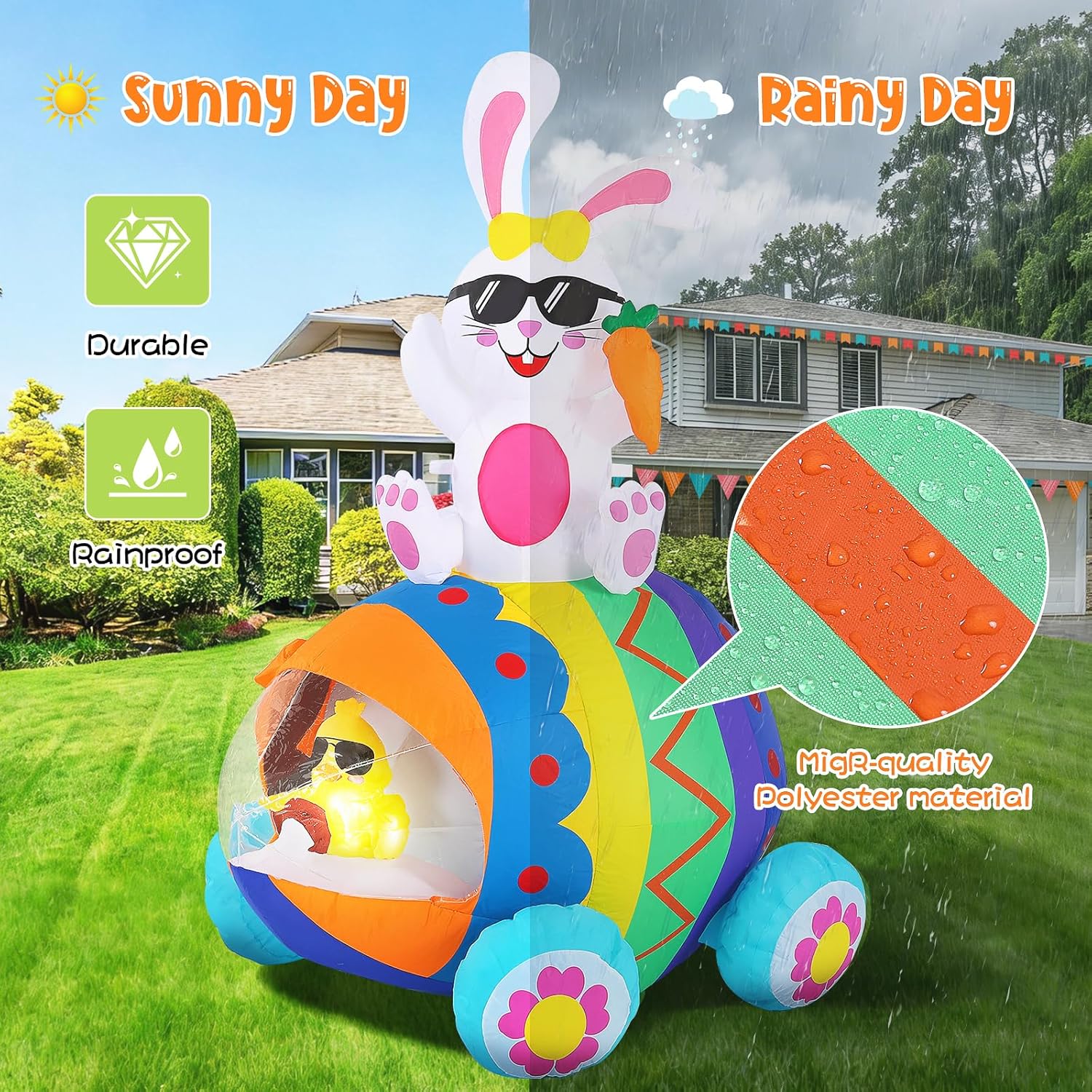 Elegear 5.9FT Easter Inflatable Bunny Driving Egg Car Outdoor Decoration, Lighted Bunny & Chick Blow Up Yard Decor for Lawn, Garden, Holiday Party & Spring Display