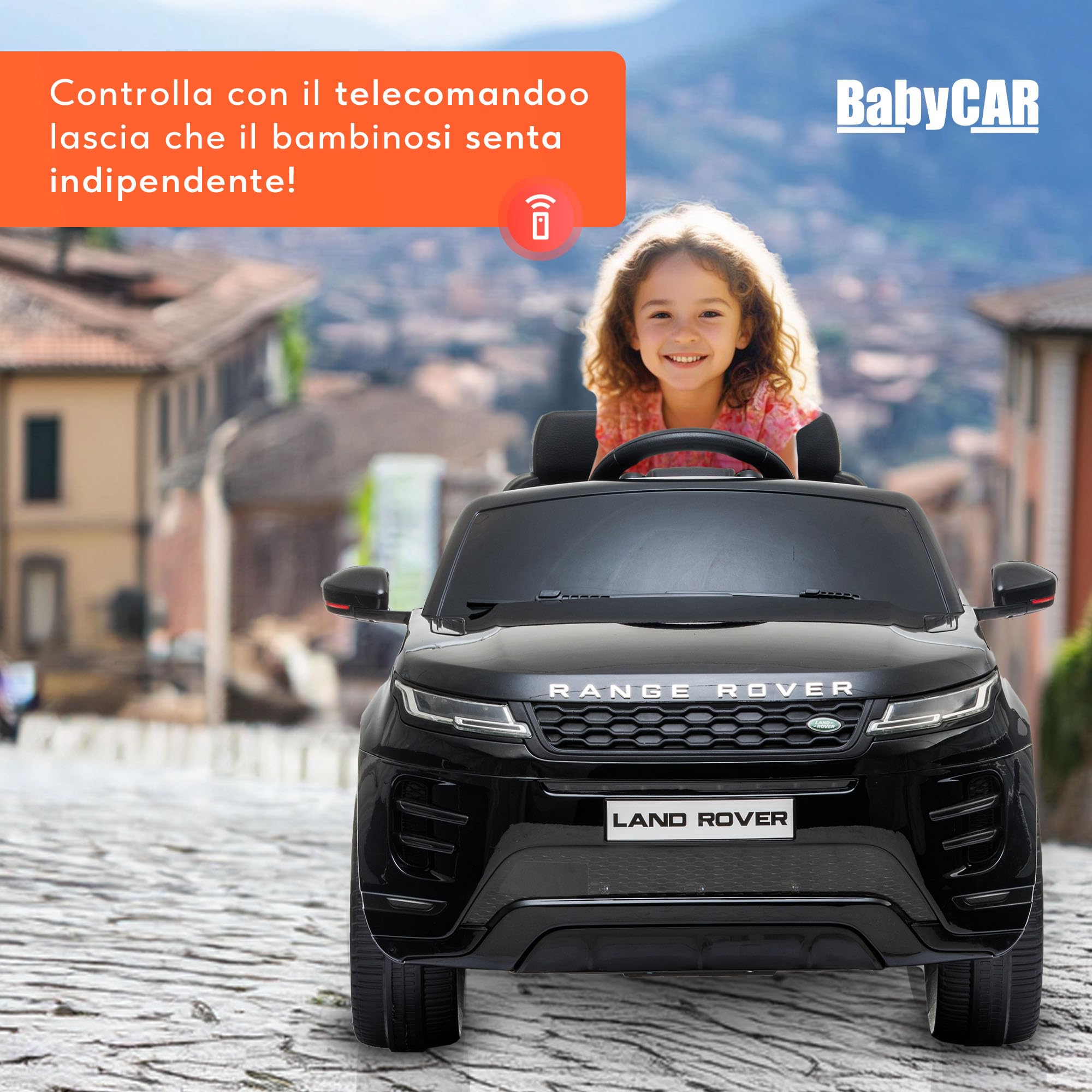 BabyCar Range Rover Evoque | Macchina per Bambini Elettrica Telecomandata 12V 2 Motori 35W | Auto Elettrica per Bambini 2 Posti | Sedile Pelle, Porte Apribili, USB | Licenza Ufficiale | Nero, MP3