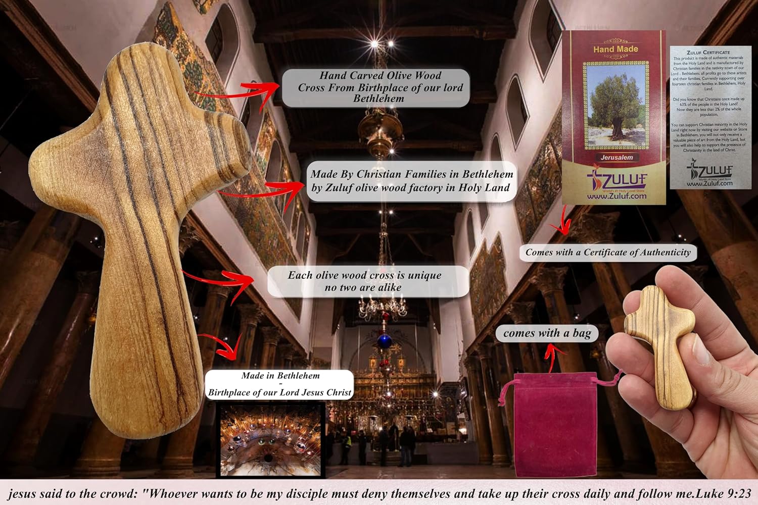 Zuluf Set of 25 Small Olive Wood Crosses 2.5" (6cm) – Fidget Wooden Cross, Gifts for Comfort, Catholic Confirmation Gifts for Adults, Pocket Prayer Crosses – With Bags & Certificates CRS121