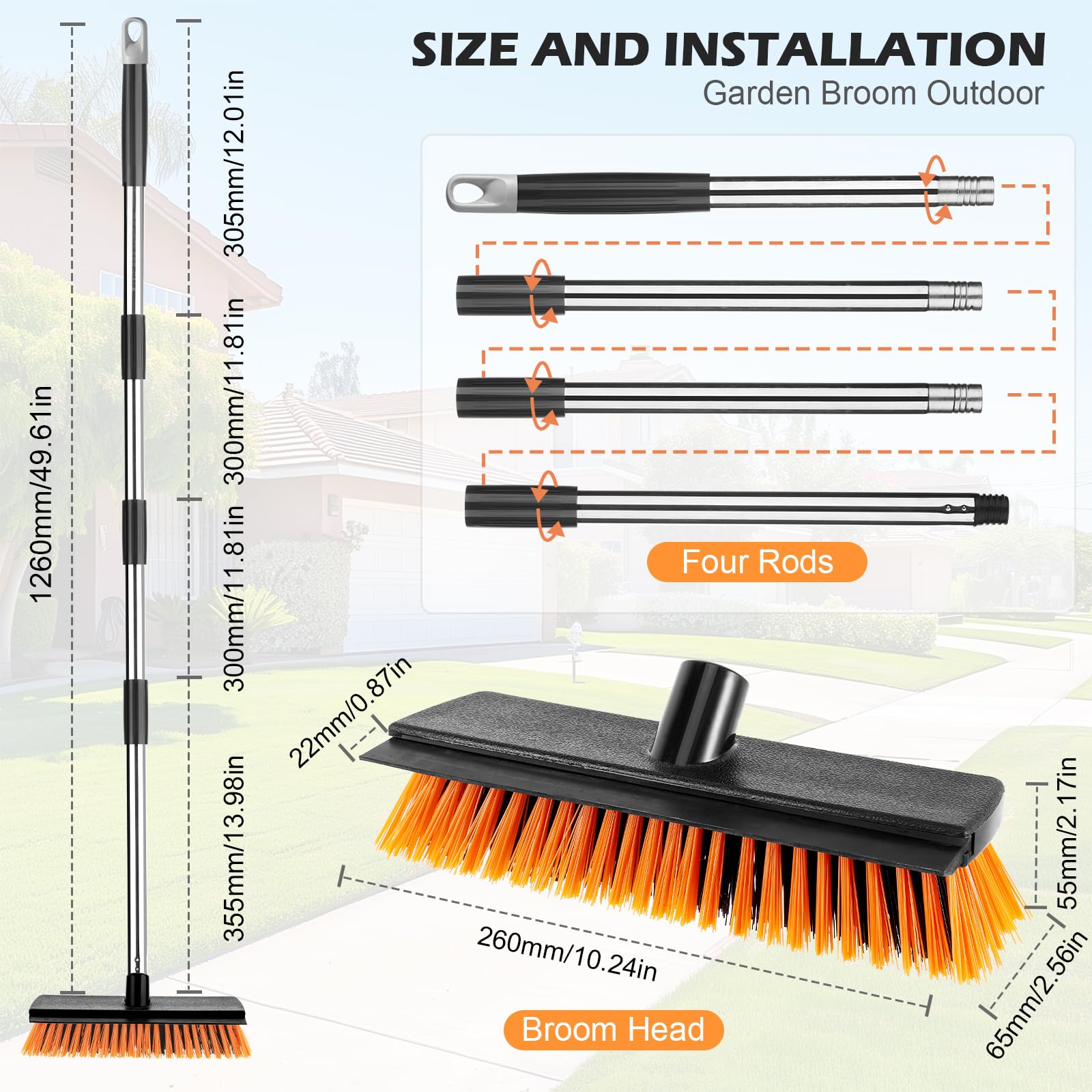 Spazzolone per Pavimenti Esterni da 26 cm, Spazzola a Setole Rigide 2 in 1 con Tergipavimento, Scopa da Esterno Regolabile da 126 cm Adatta per Cortili, Strade, Terrazze, Giardini e Uso Casa