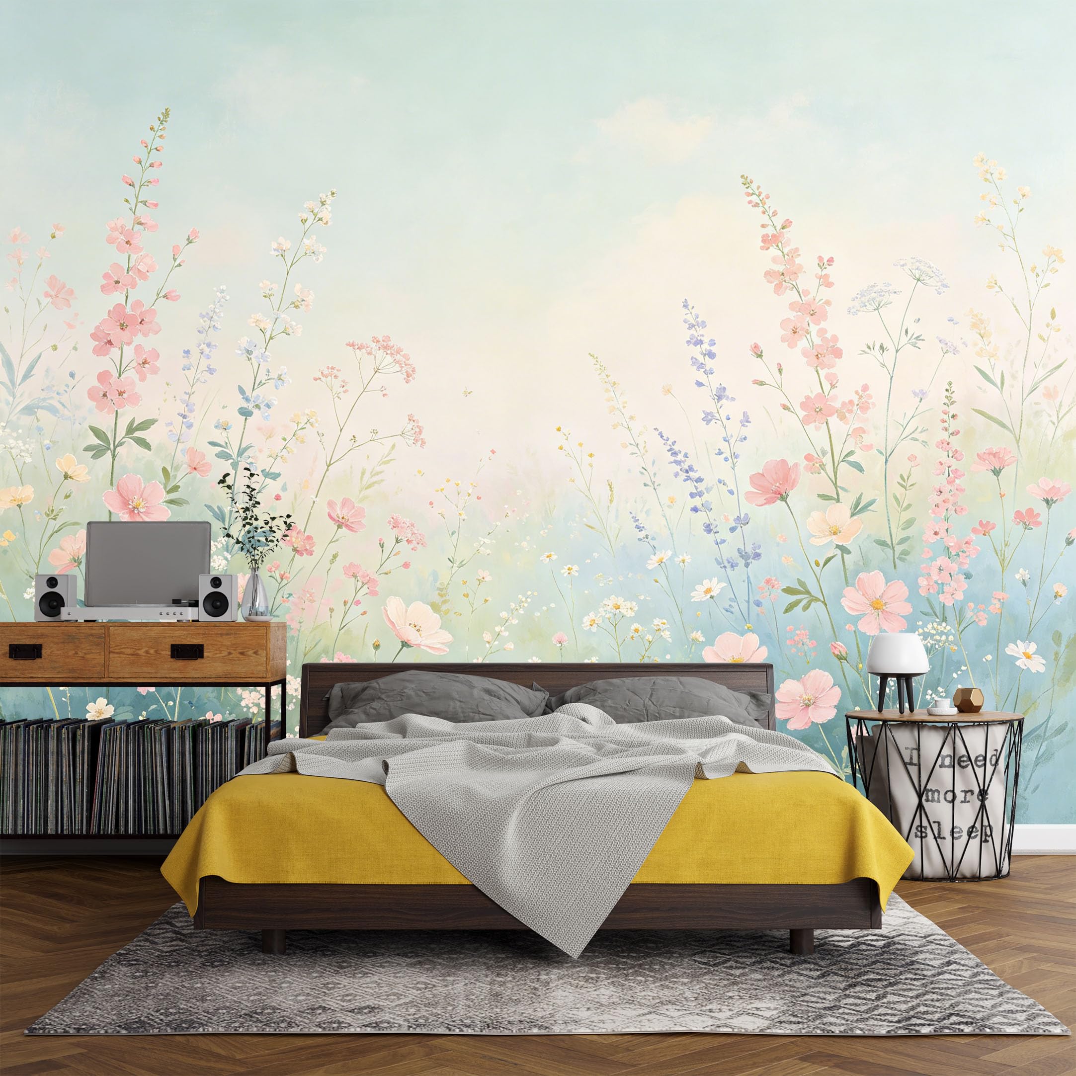 Custom Size Wall Mural， Botanical Pastel Wildflower Meadow Watercolor Bloom，SelfAdhesive Art Prints wall Fabric (No PVC) Removable Wallpaper Living Room Decor