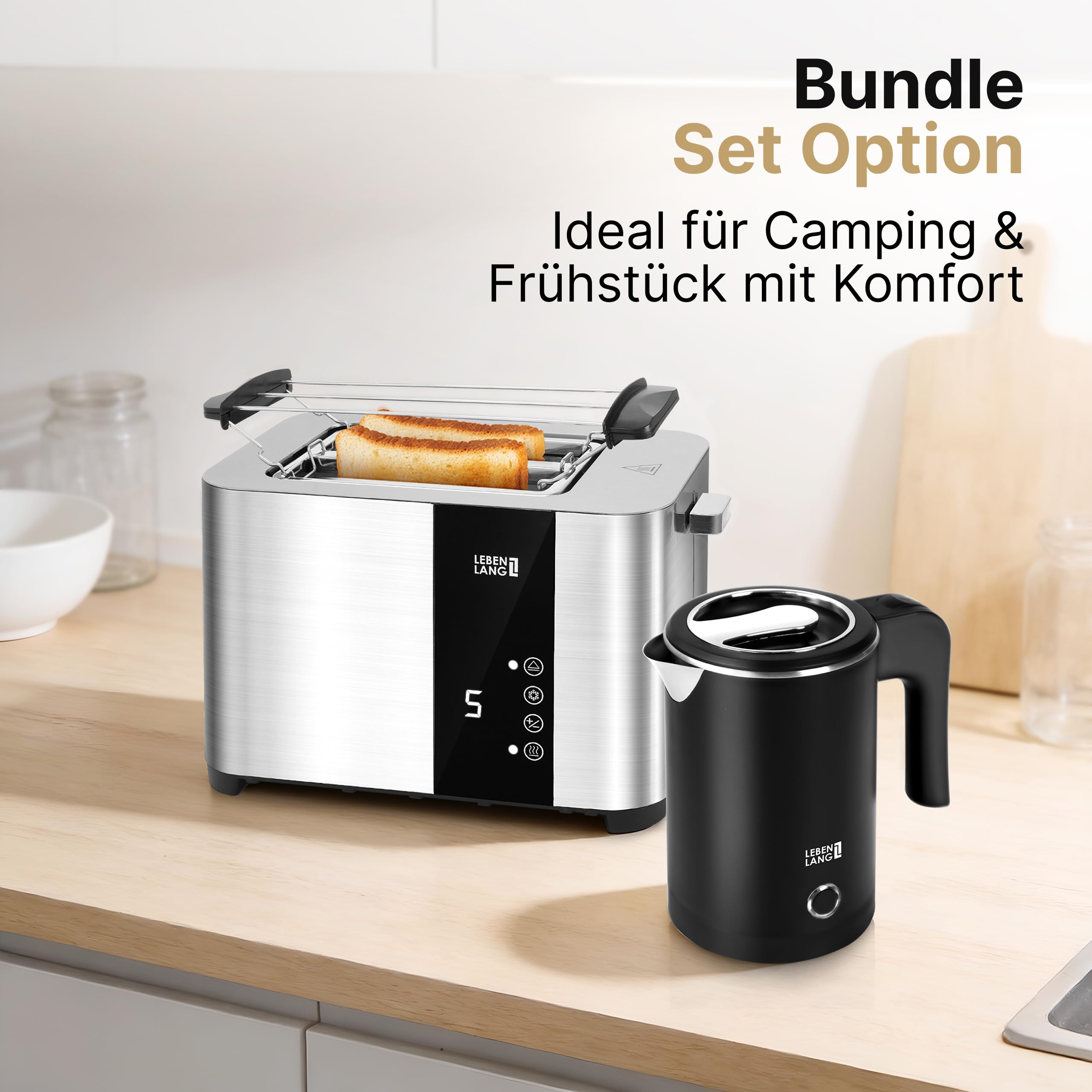 LEBENLANG BUNDLE 500ml Reisewasserkocher + 2 Scheiben Toaster