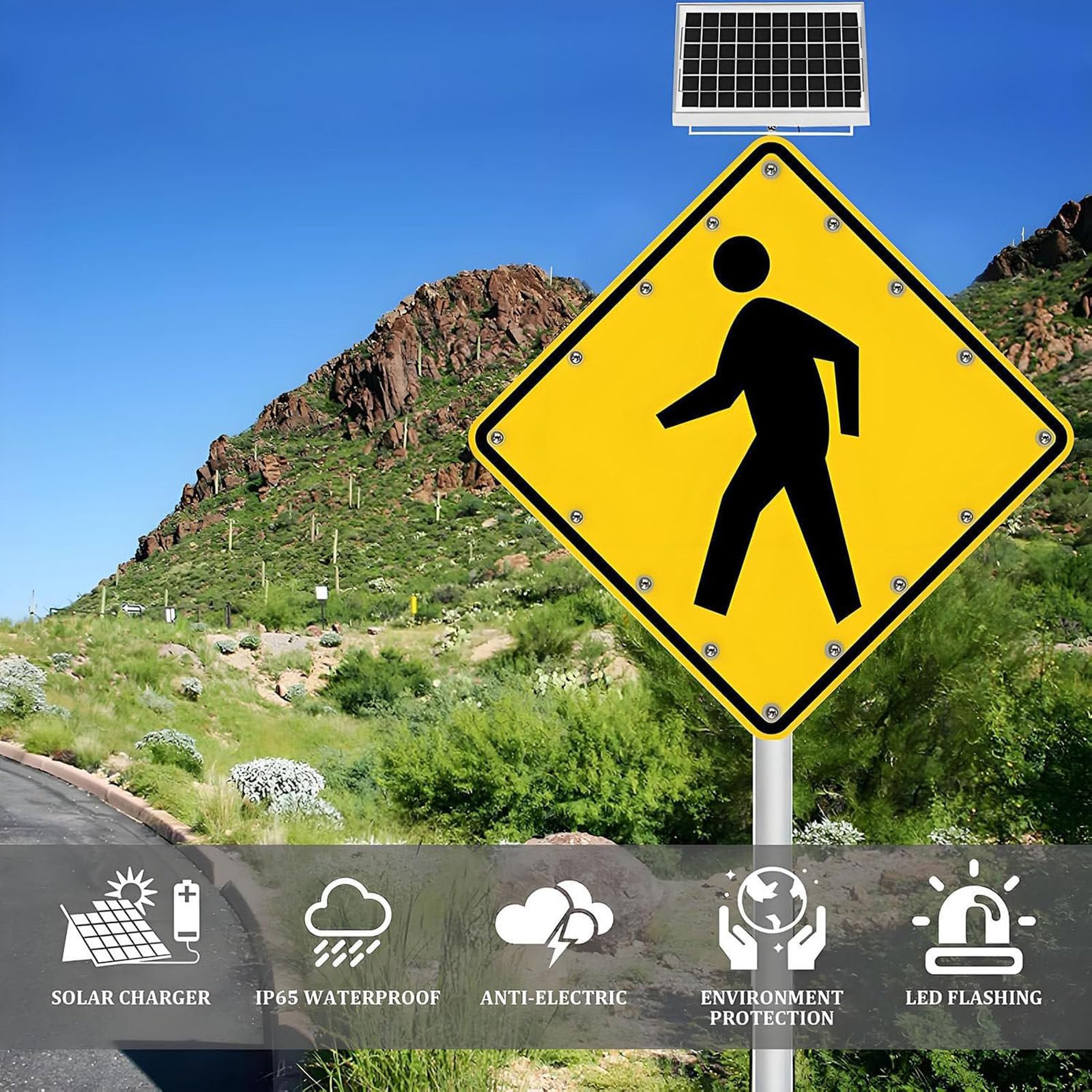 Señal LED solar intermitente para cruce de peatones, señal de advertencia de tráfico vial de aluminio, reflectante de grado de ingeniero, IP65 impermeable, LED de alto brillo para seguridad vial