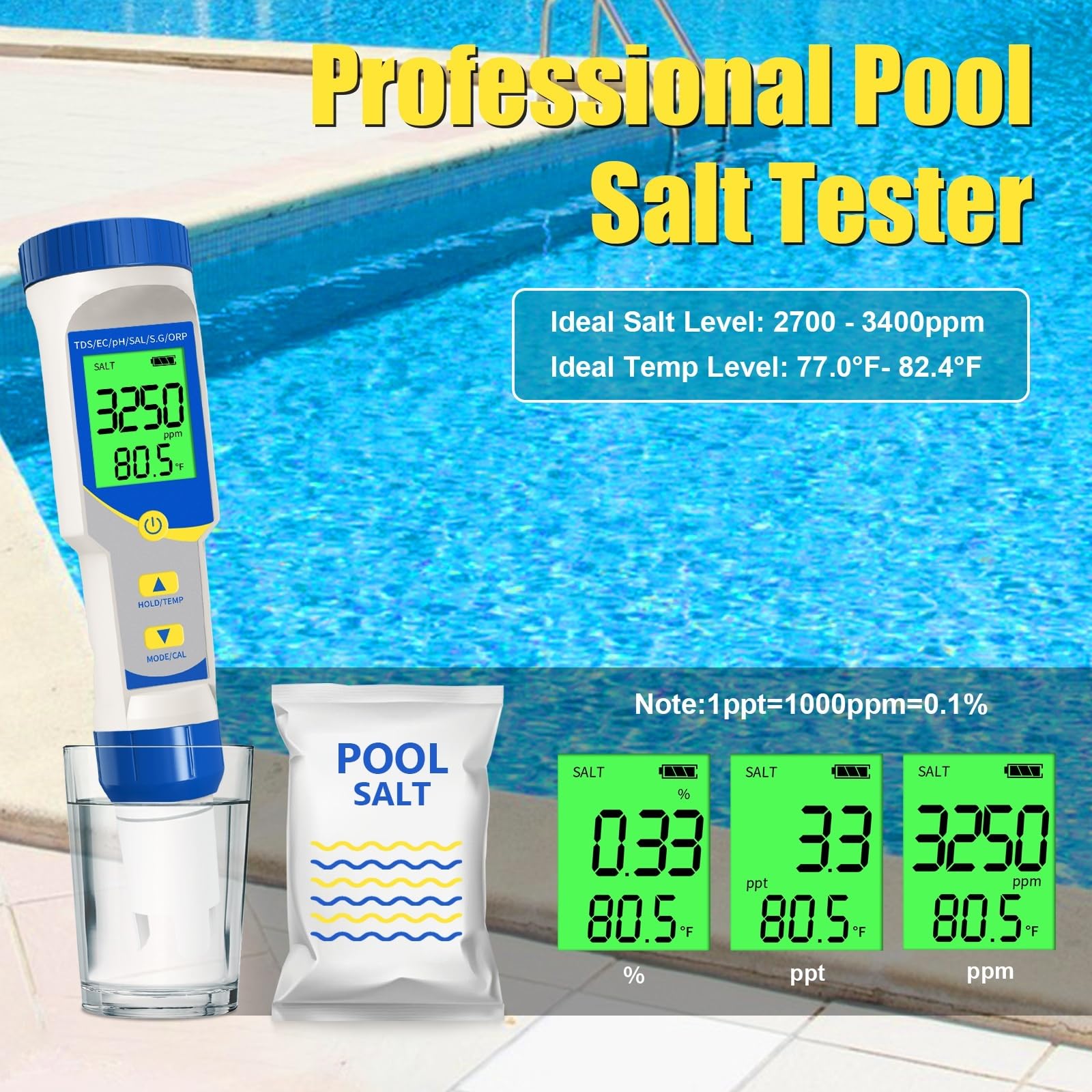 Testeur de pH 7 en 1, résolution 0,01, haute précision, TDS, EC, ORP, ppm, salinomètre for piscine, aquarium d'eau salée, hydroponie, Analyse de qualité instantanée
