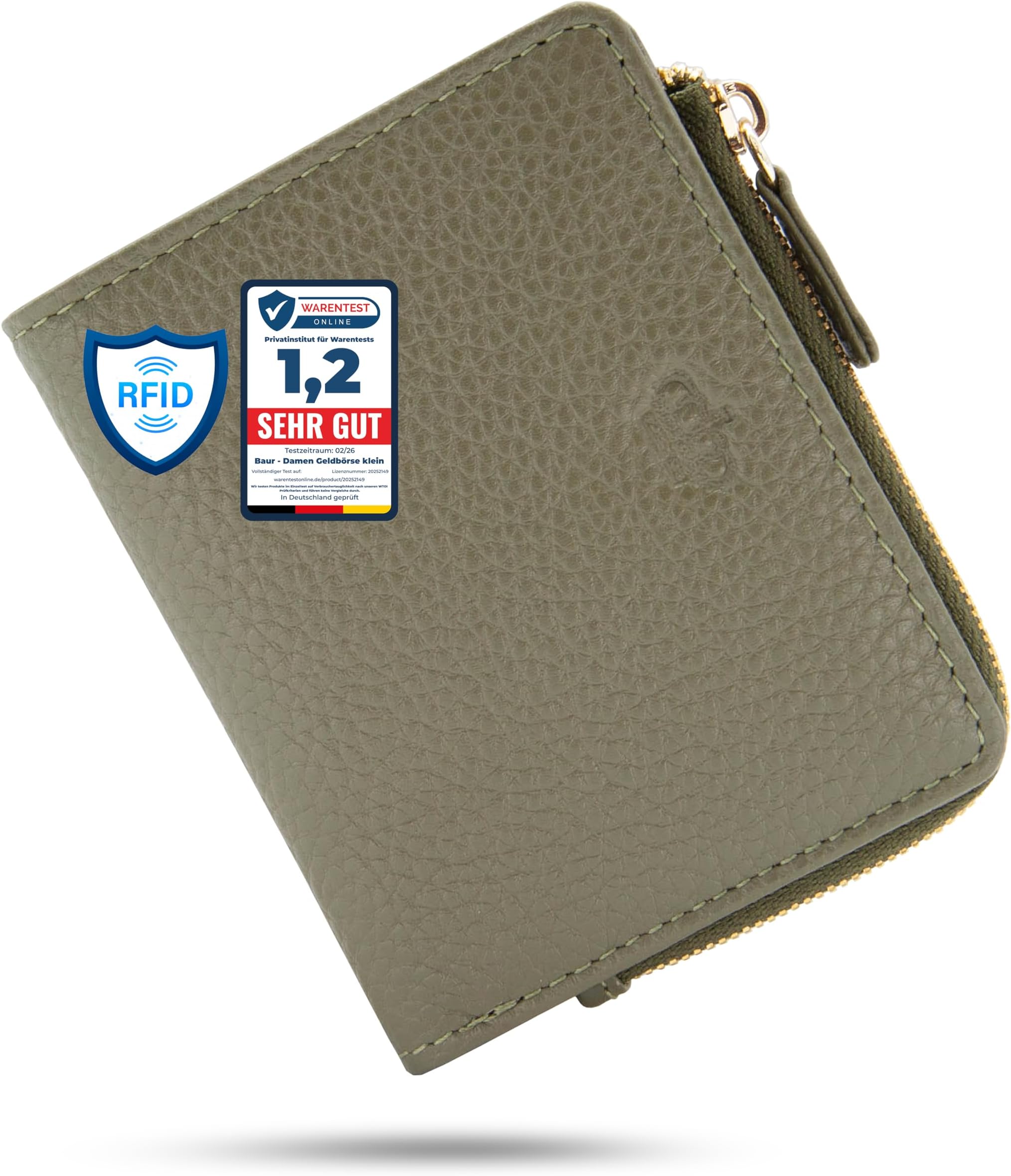 Baur Women's Mini Wallet Large Note Compartment & Coin Compartment with Zip Snap Closure Wallet with 7 Card Slots Genuine Leather with RFID Protection, olive, 11x 9,5 x 1,5 cm, Gold zip