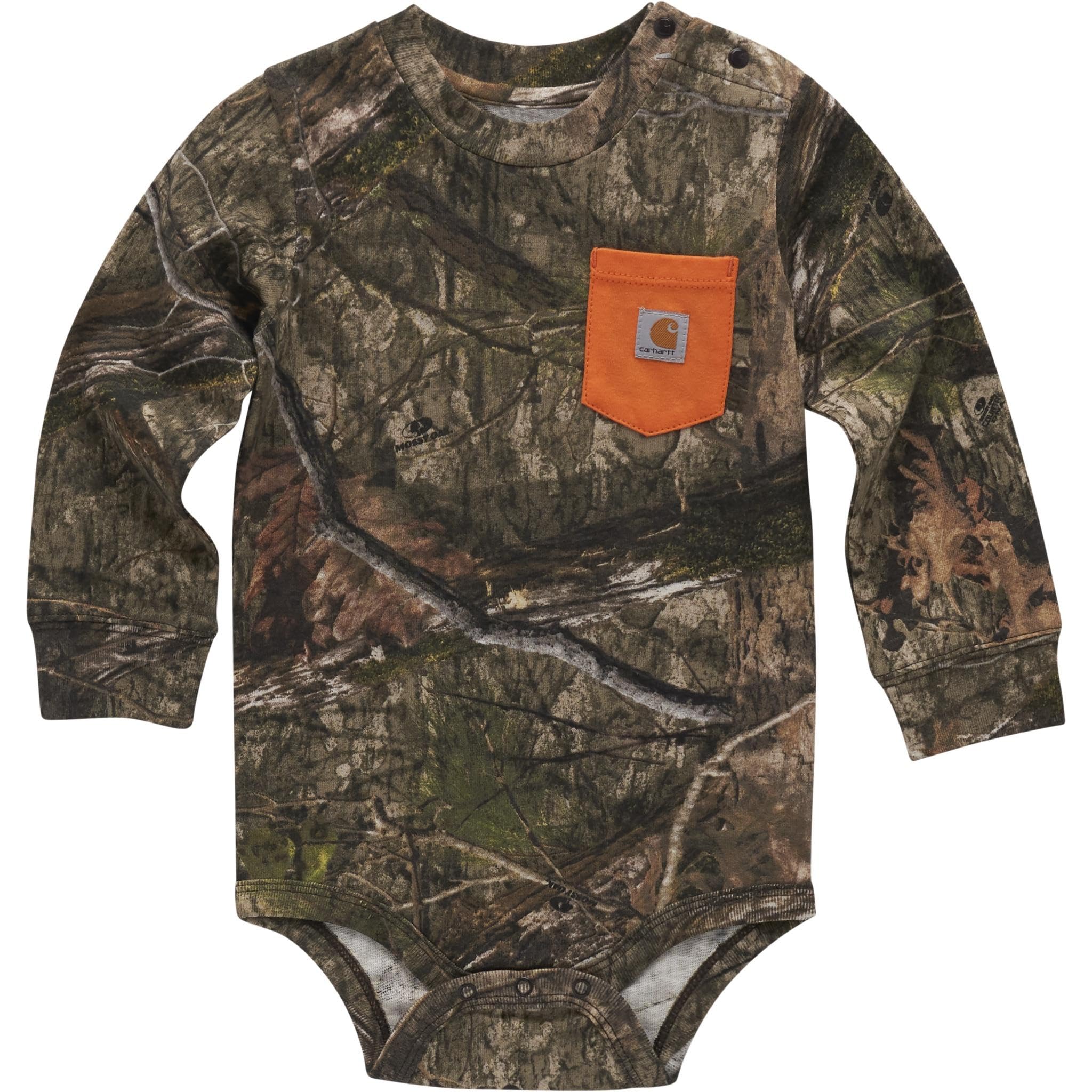 Carhartt Long-Sleeve Pocket Bodysuit | 100% Cotton | Made From Breathable, 100% Cotton Jersey | Easy Changes 3 Months Mossy Oak Country Dna