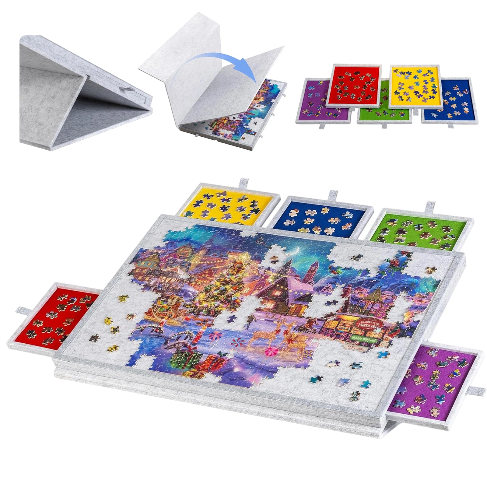Mesa de rompecabezas 2 en 1 basculante de fieltro plegable y tabla de clasificar puzles con 5 cajas clasificadoras, para 1000-1500 piezas, antideslizante y ergonómica, para adultos (gris claro, 1000