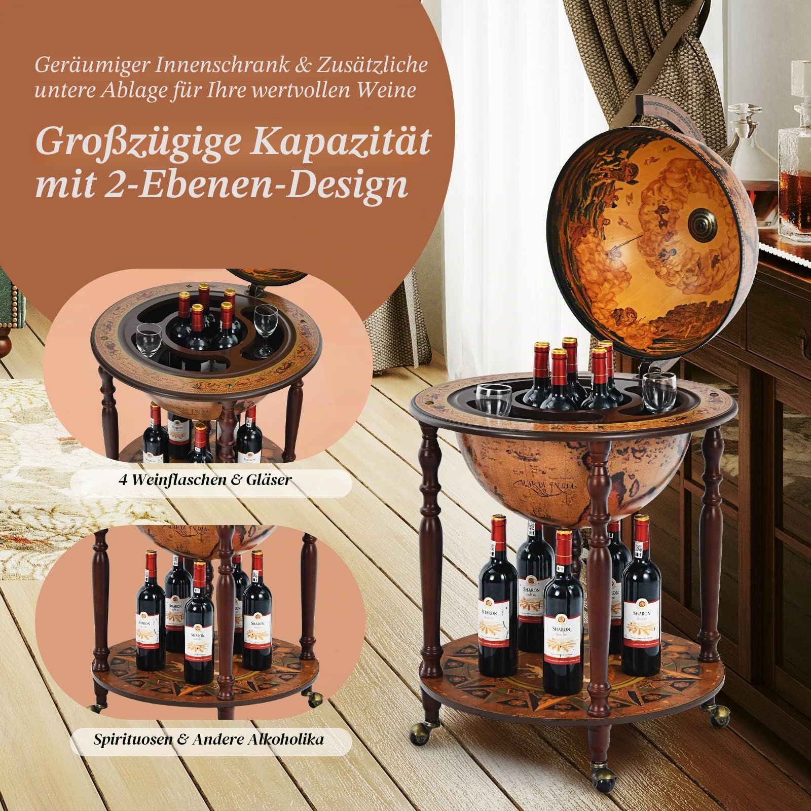 GIANTEX Globusbar Hausbar Antik, Barwagen Globus mit Rollen & Deckel, Cocktailbar Wiskybar Weltkugel mit Bodenplatte, Barschrank Globus Weinregal Weinschrank Minibar, Tischbar Dekobar für Küche