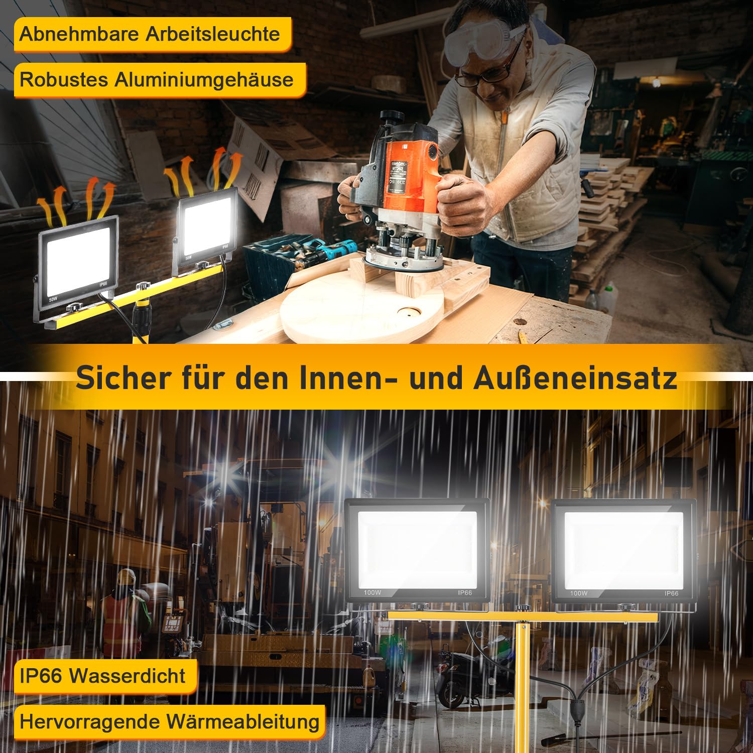 4x100W Baustrahler LED mit Stativ IP66 LED Baustrahler Höhenverstellbar & Drehbar Baustellenlampe mit 3m Kabel Stecker,Baulampe wartungsfrei für Baustelle,Werkstatt,Garten