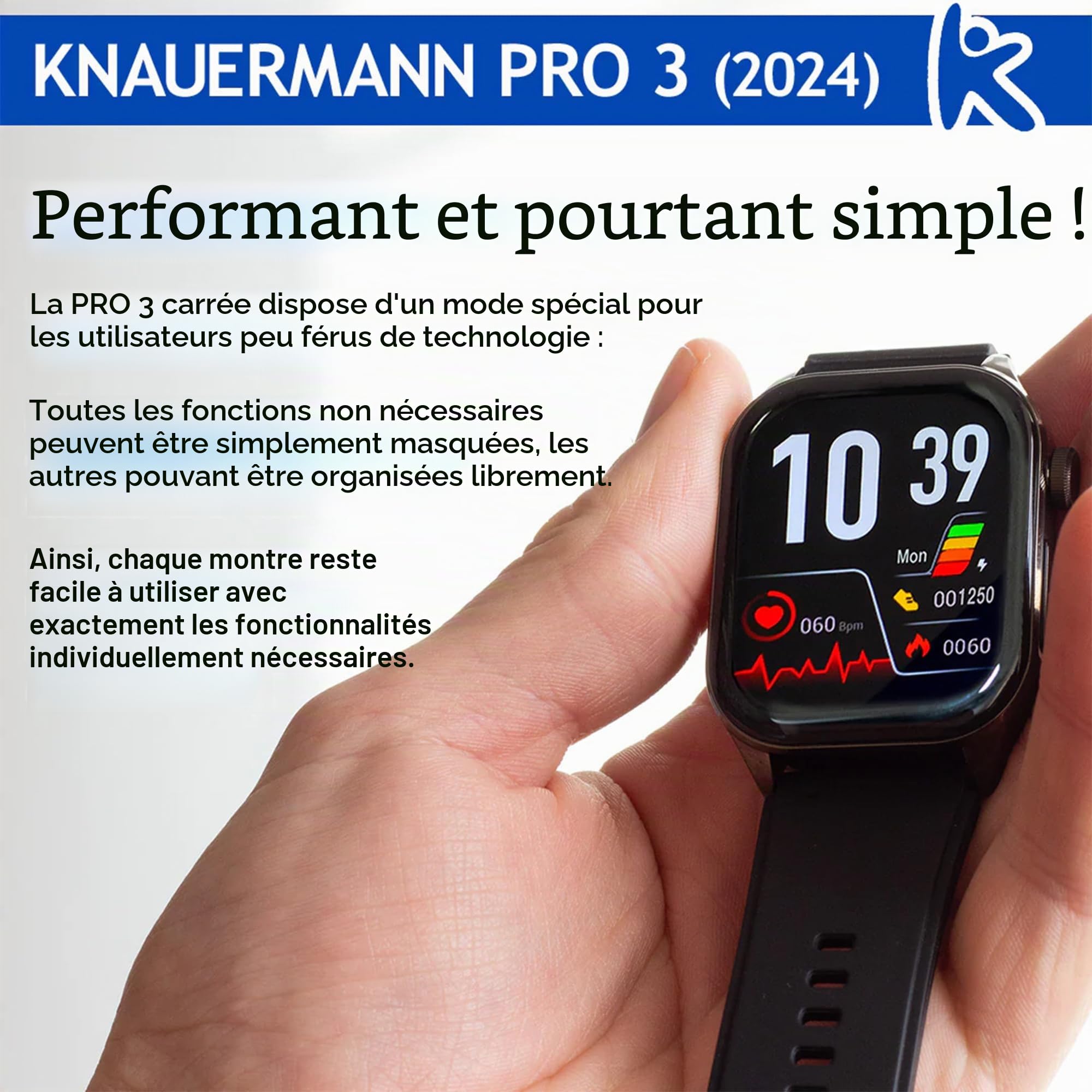 Knauermann Pro 3 (2024) Noir - Montre sanitaire Smartwatch avec Fonction téléphonique - Capteurs OSRAM - Fonction ECG + HRV - BT Bluetooth - Apnée du Sommeil - Pression artérielle - Bracelet en