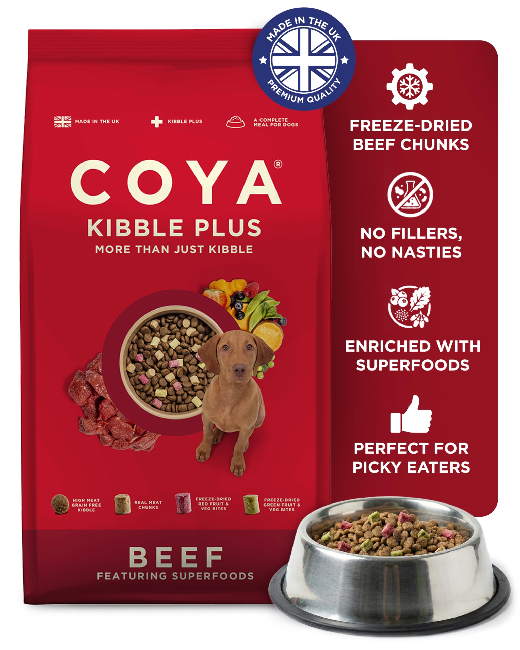 COYA Kibble Plus Beef (1.5kg) | Complete Grain Free Dog Food with Freeze-Dried Raw Meat, Fruit and Vegetables | Dry Dog Food, Hypoallergenic, High in Protein & Fibre