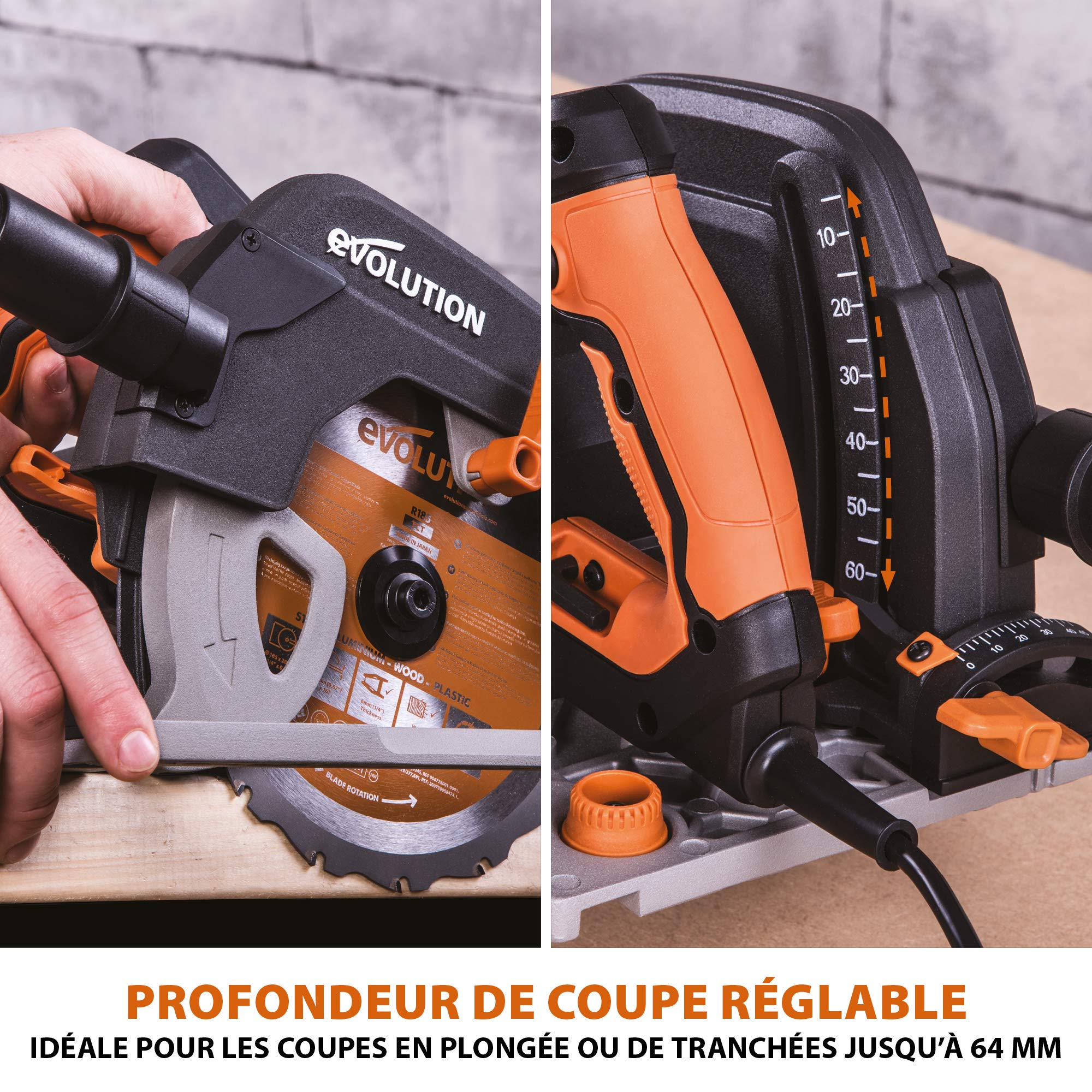 Evolution Power Tools Scie Circulaire avec Rail 3 Pièces de 1020 mm - Lame Multi-Matériaux, Coupe le Bois, le Métal, le Plastique - Adaptateur de Prise de Poussières inclus - 185mm, 230v - R185CCSX