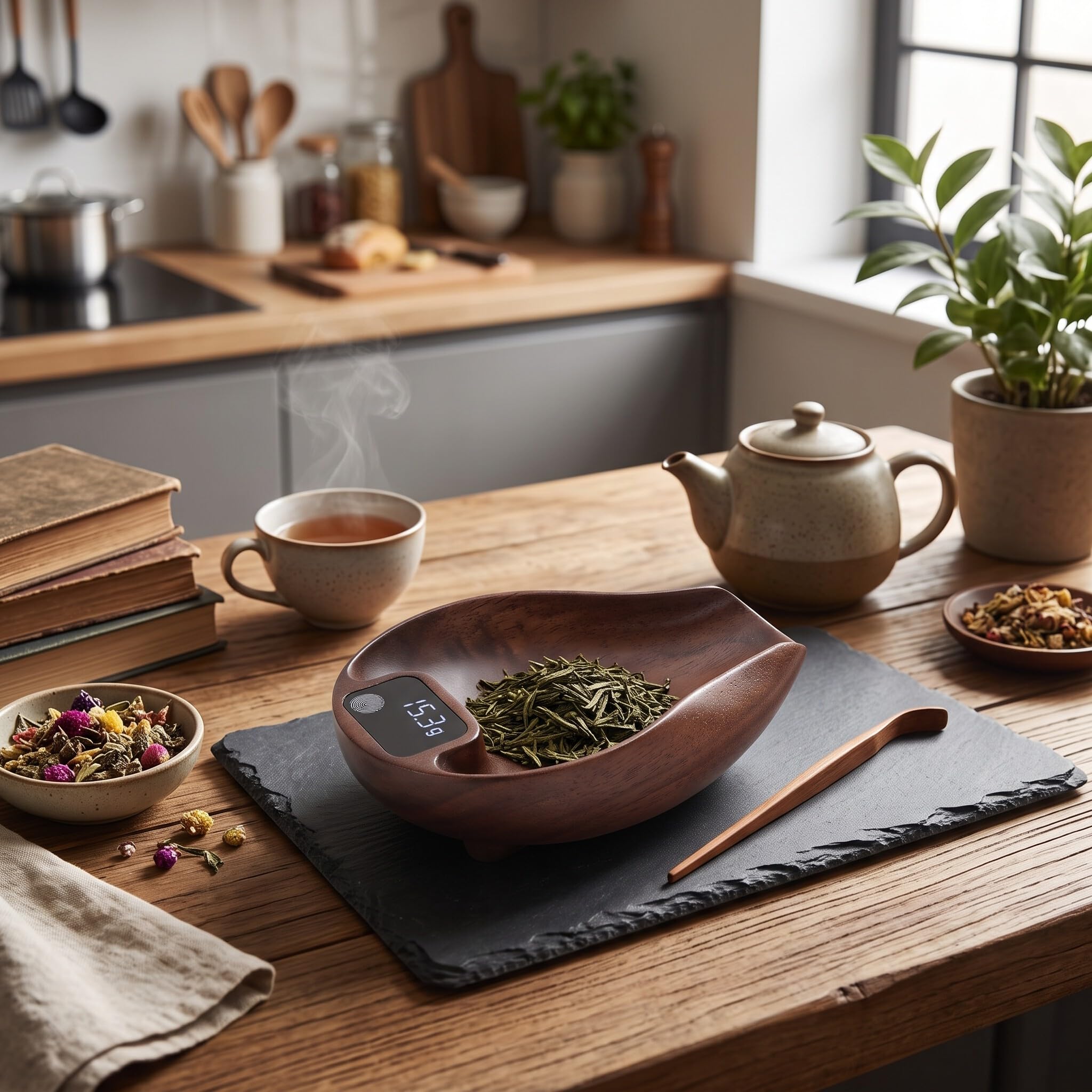 Báscula de té de Madera, Báscula de Cocina Digital de Alta Precisión de 0,1 G y 0,01 Oz, con Batería Recargable, para Hornear café y té