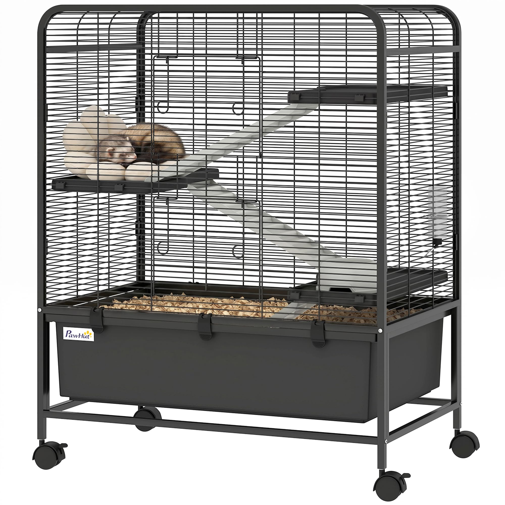 PawHut Gabbia per Conigli in Acciaio a 4 Livelli con Piattaforme, Rampe, Ruote, Serbatoio Acqua, Ciotola e Vassoio Rimovibile, Gabbietta per Criceti, Porcellini d'India, Furetti, 75x46x94.5 cm, Nero