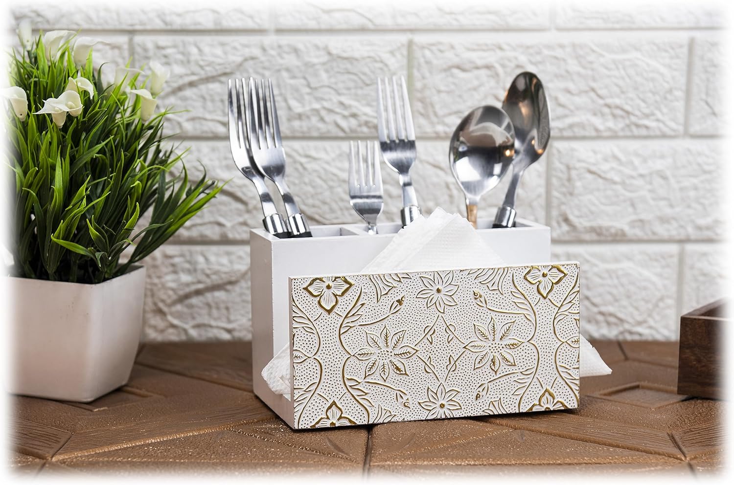 Wooden Napkin Stand with Cutlery Holder | Cutlery Stand | Napkin Stand with Spoons for Kitchen | Tissue Paper with Offices Stationary Holder | Spoon Stand for Dining table (Brown)