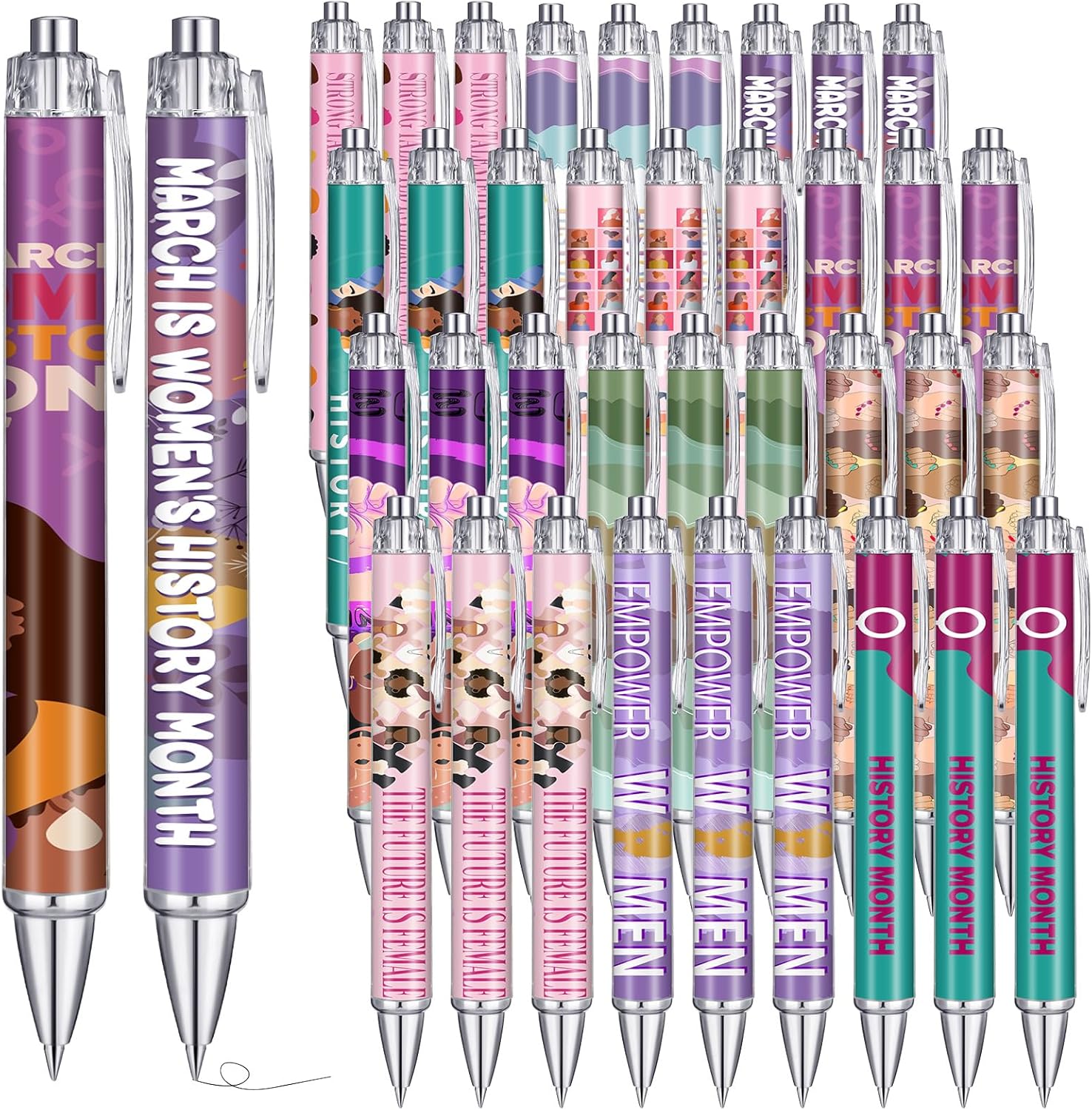 Sayglossy 36 Pcs Women's History Month Gifts Bulk Ballpoint Pens Freedom Equality Feminism Black Ink Retractable Pens International Women's Day Decorations Favors Supplies