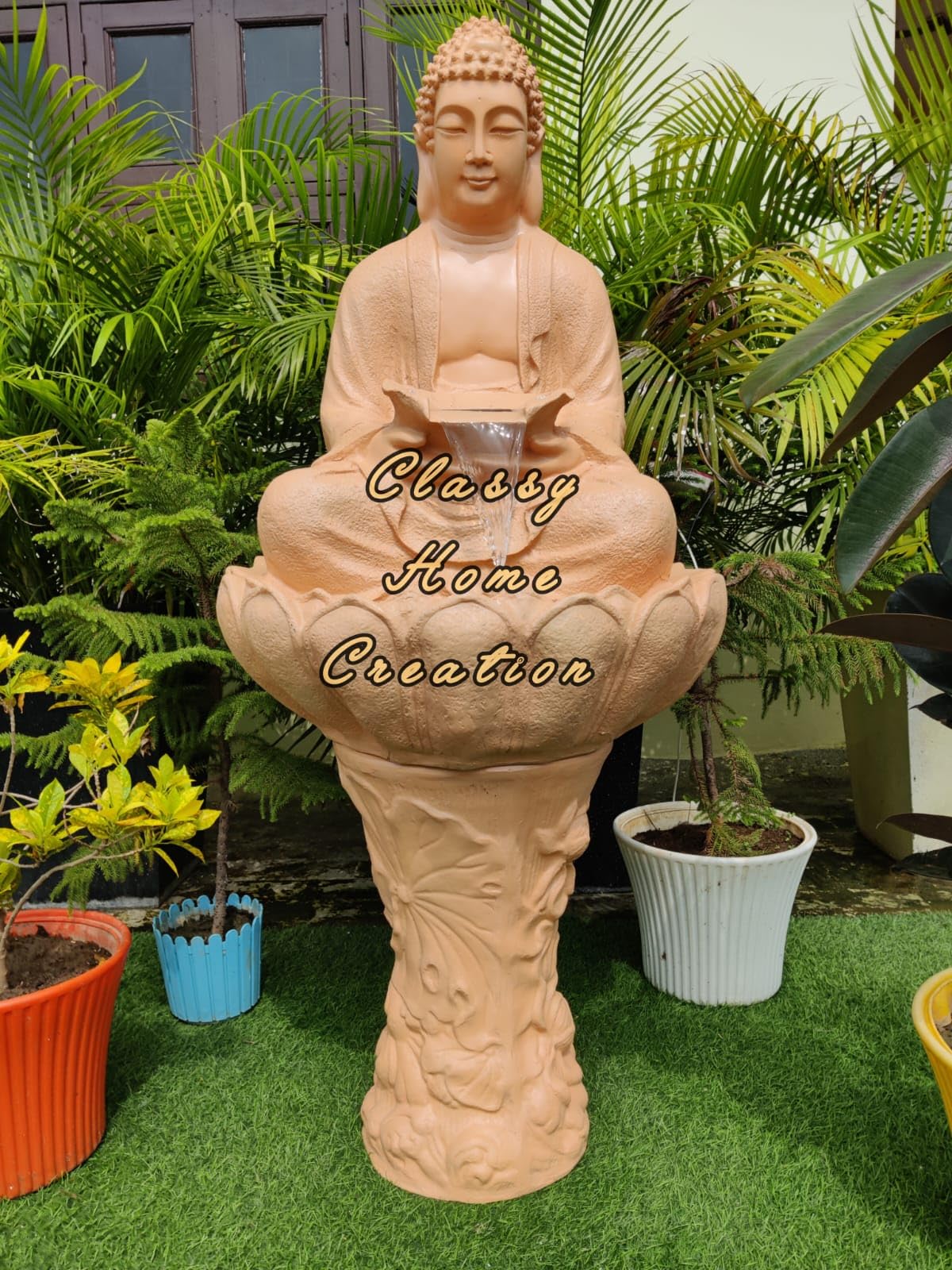 Classy Home Creation Traditional Kamal Buddha Water Fountain with Stand 4.5 feet with LED Light, Decorative, Home Decor Living Room Garden Office Meditation Area Terracotta Finish Fiber-image-13