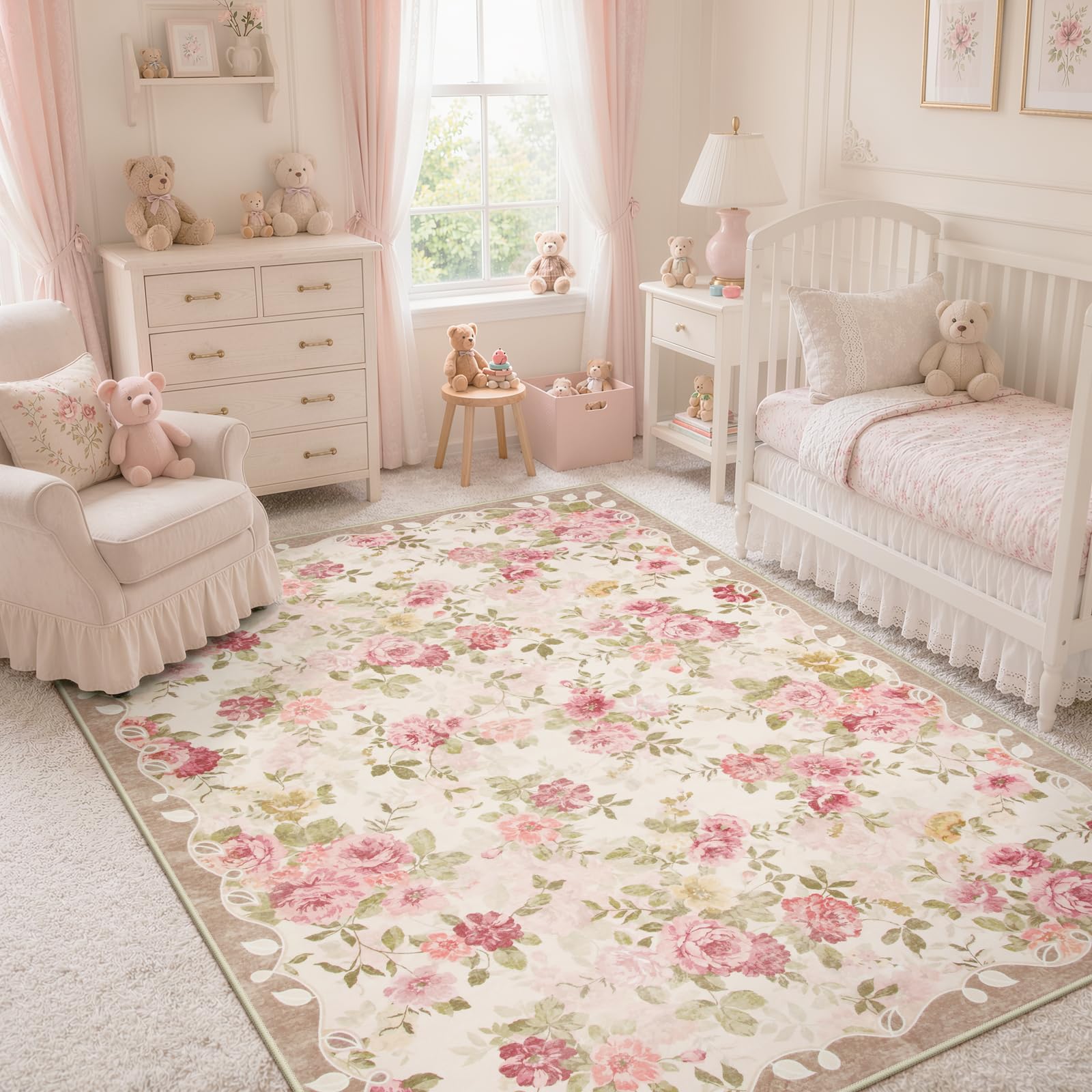 Lahome Pink Floral Nursery Rug 4x6