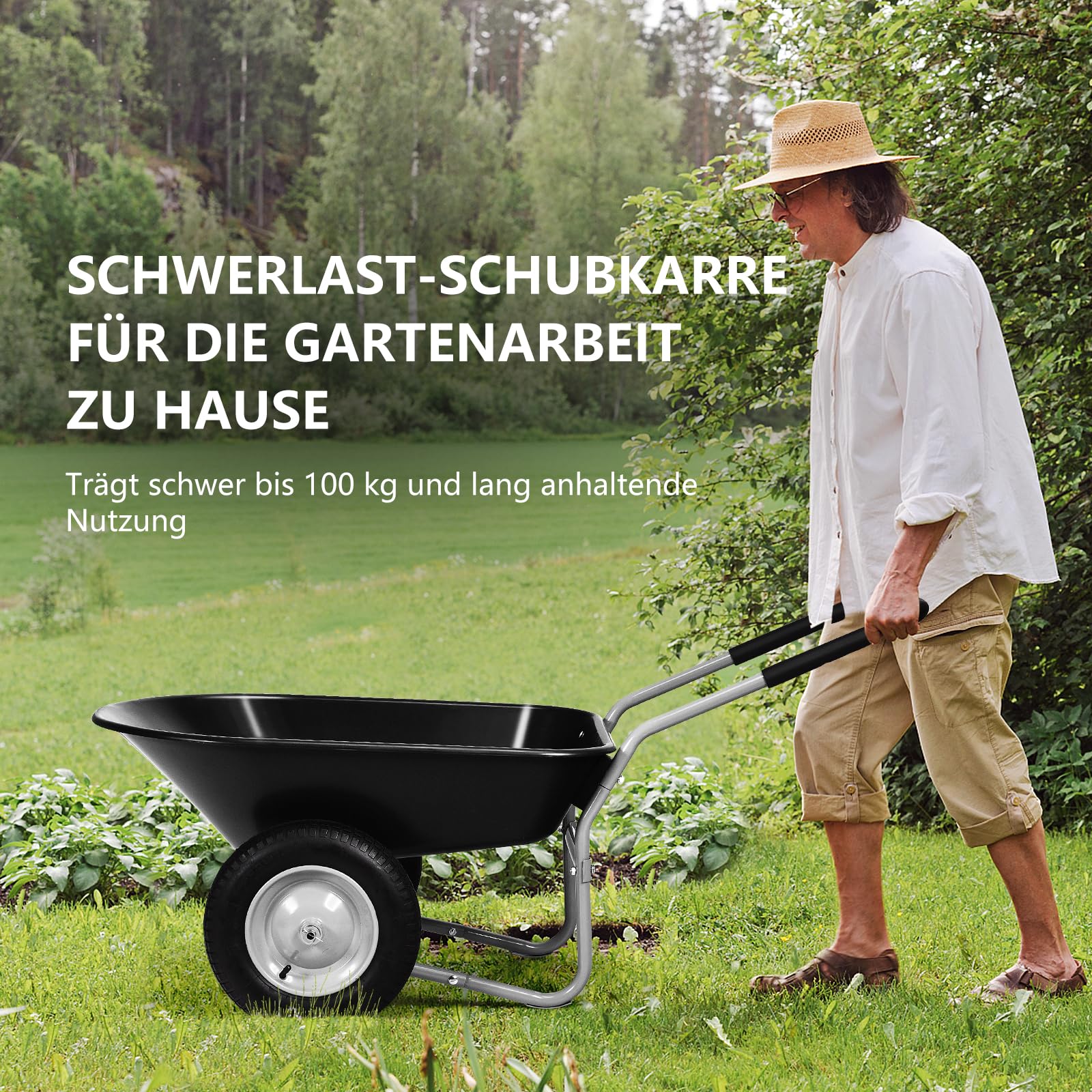 GYMAX Gartenschubkarre 100 Liter Volumen mit 2 Luftreifen, Schiebkarre Transportkarre mit Griff, Bauschubkarre bis 100 kg belastbar, 65 x 145 x 65 cm (Schwarz)