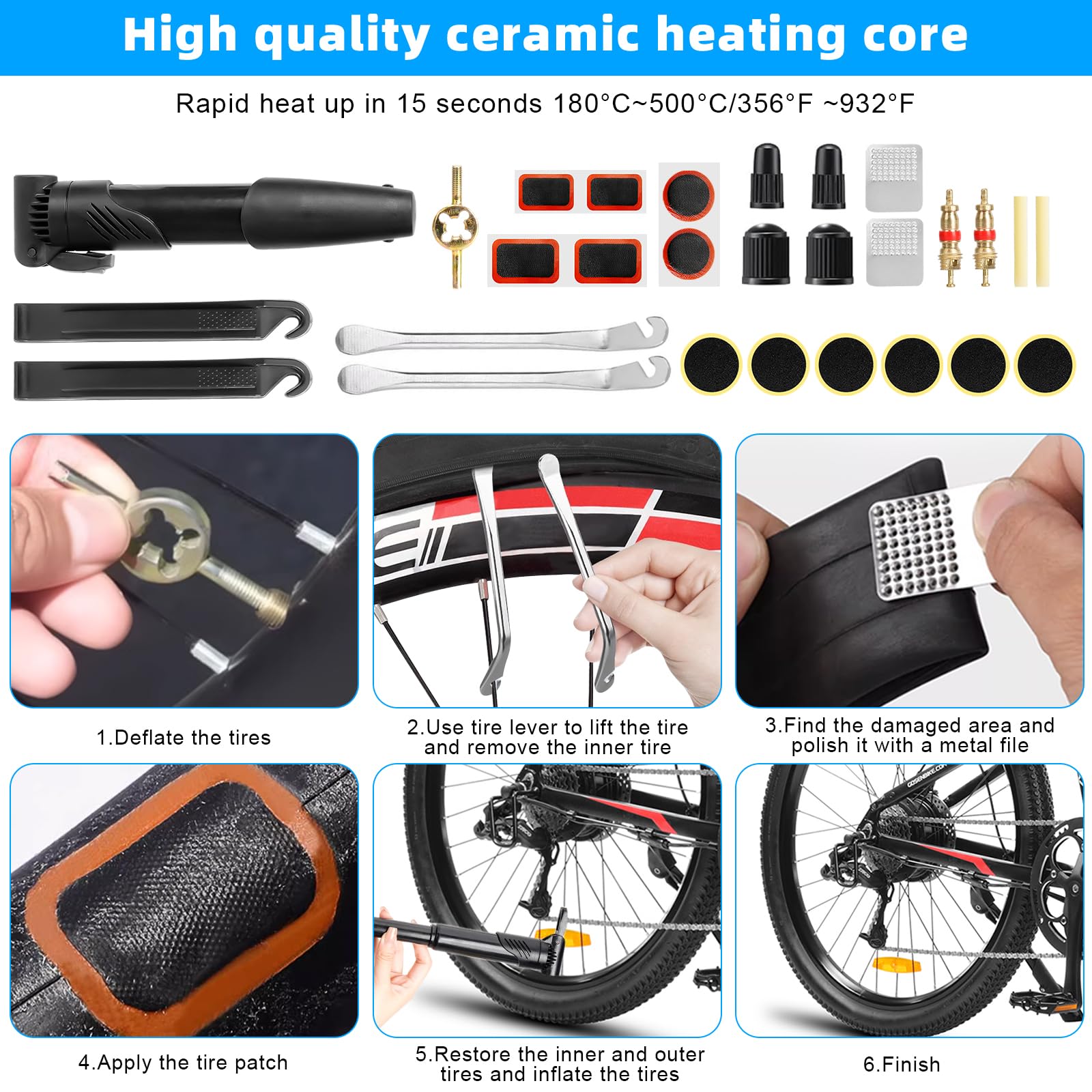 40 PCS Kit Riparazione Bici, 16 in 1 Kit di Attrezzi per la Riparazione di Biciclette e Pompa con Pneumatici di Biciclette, Toppe Portatili, Kit Riparazione Gomme per Biciclette da Strada