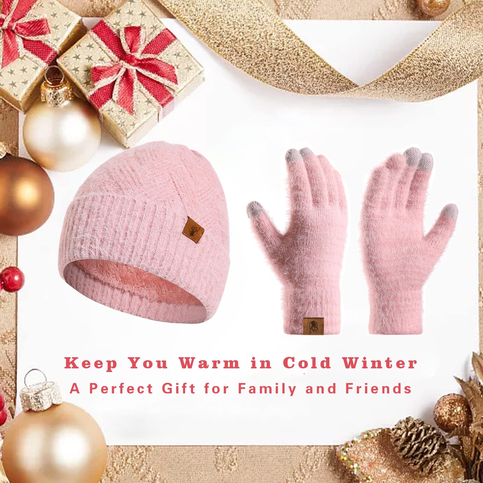 Bonnet et Gants pour Femme Gants Tactiles Thermiques et Bonnet Hiver Chaud en Doublé Polaire pour Femme