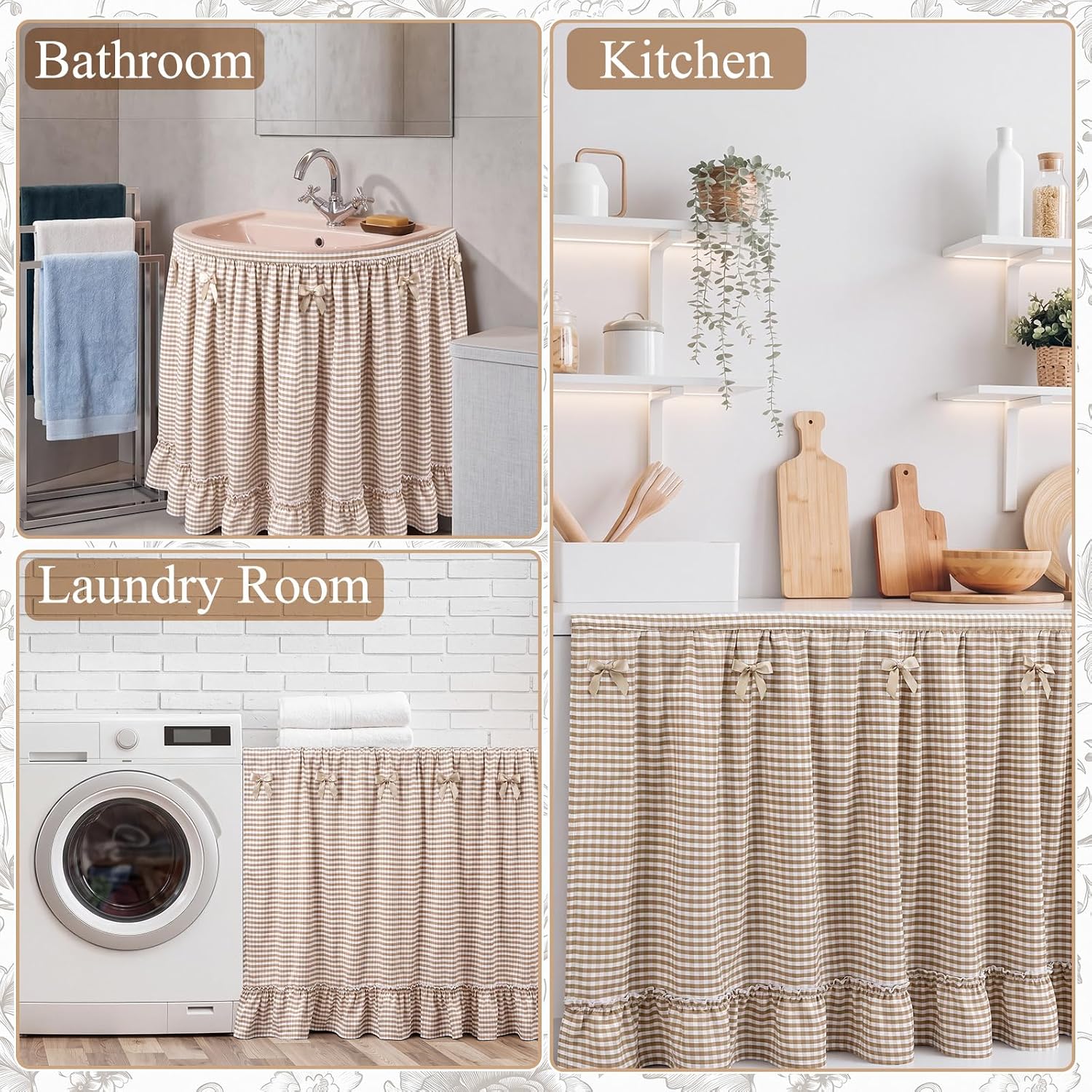 Tudomro Beige Brown Gingham Sink Skirt for Bathroom Ruffled Cabinet Curtain
