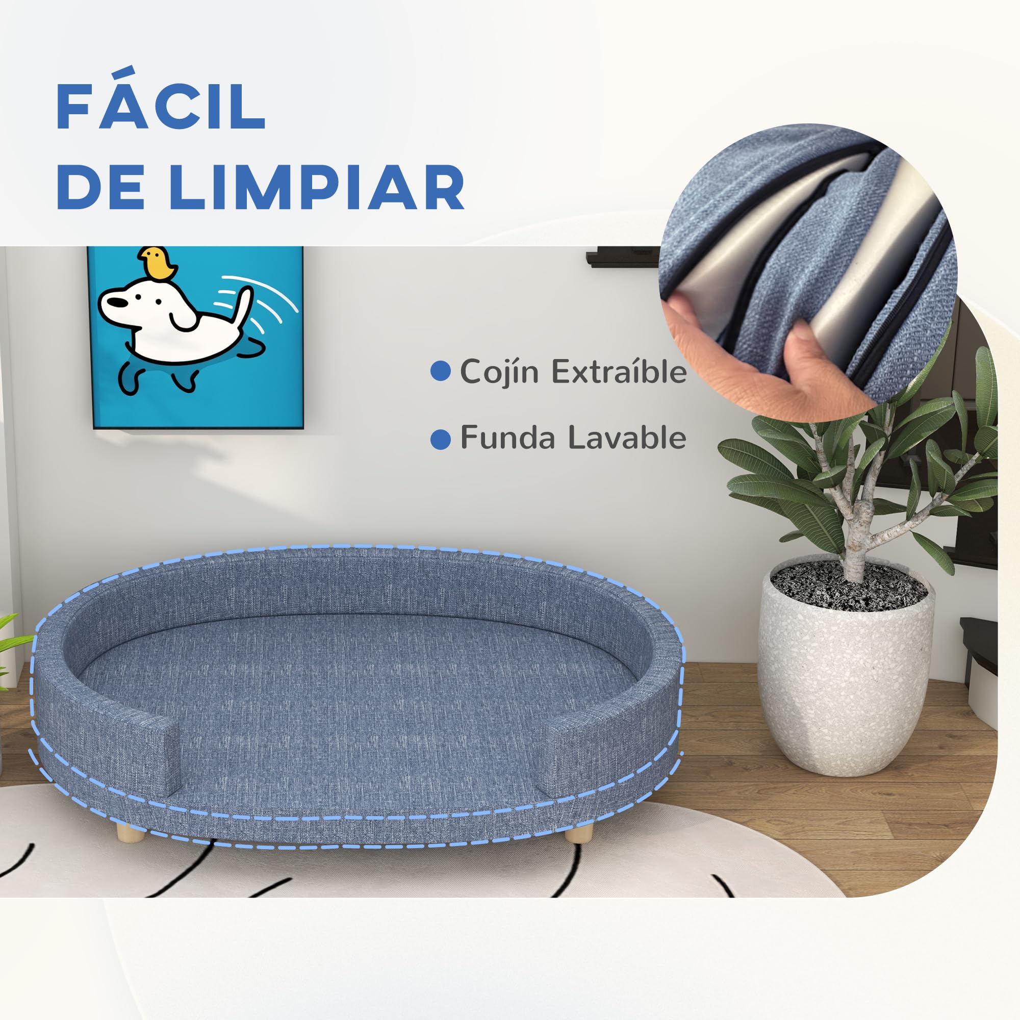 PawHut Sofá para Perros Grandes Sofá para Mascotas con Funda Lavable Cojín Desmontable y Patas de Madera de Pino Carga 30 kg para Interior 100x70x25 cm Azul