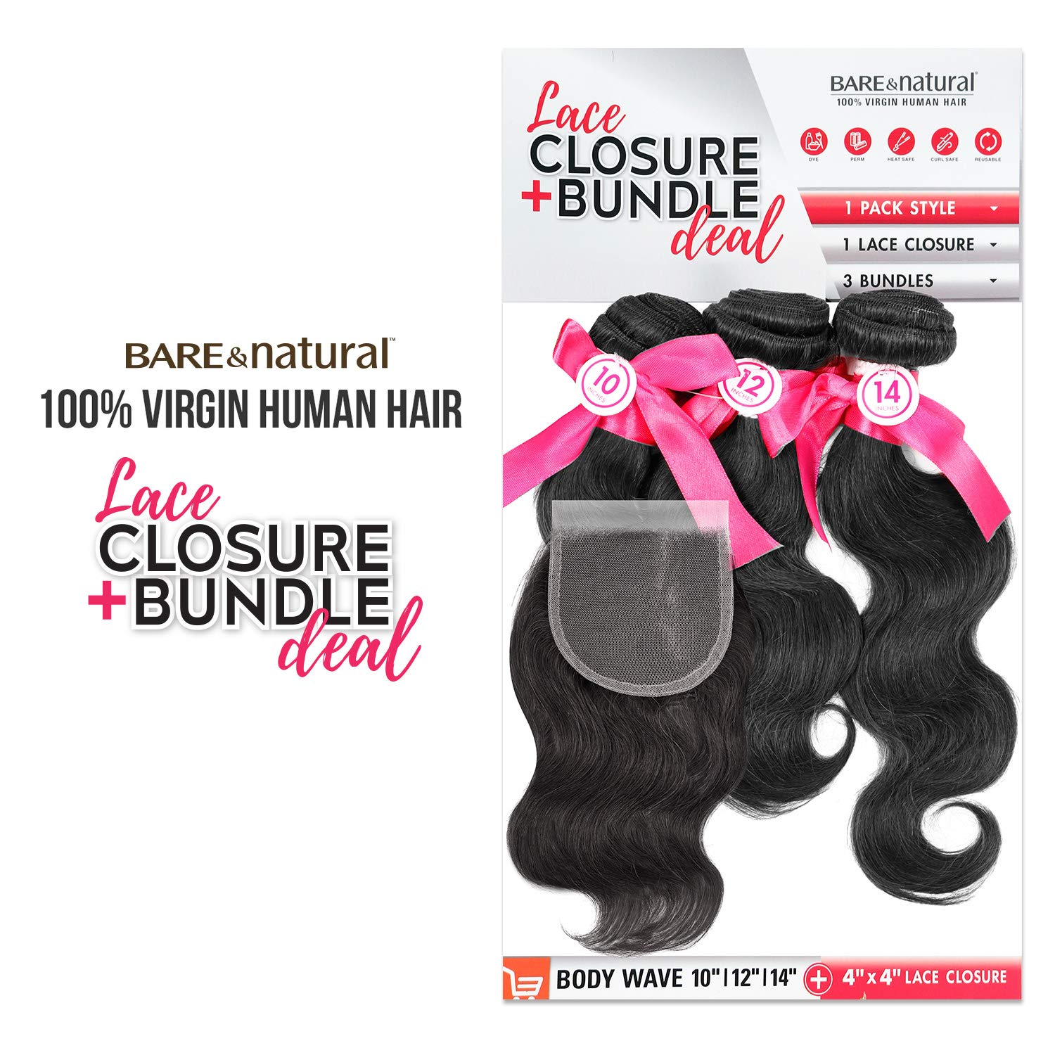 Sensationnel Virgin Remy Human Hair Weave Bare&Natural Body Wave 3pcs with 4"x4"Closure (12"+14"+16", NATURAL)