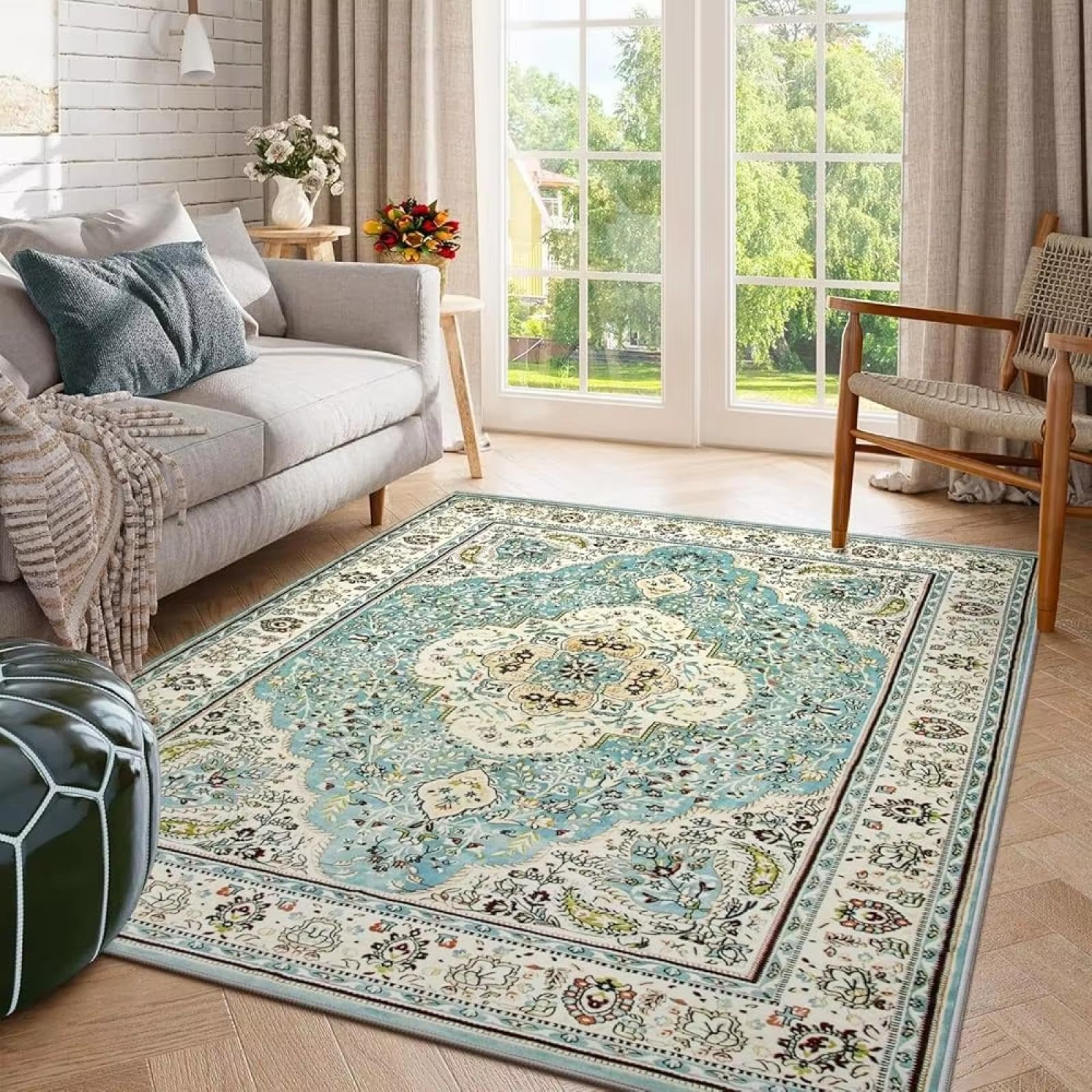 Tapis antidérapant lavable à motif floral 150x210 cm pour salon et chambre