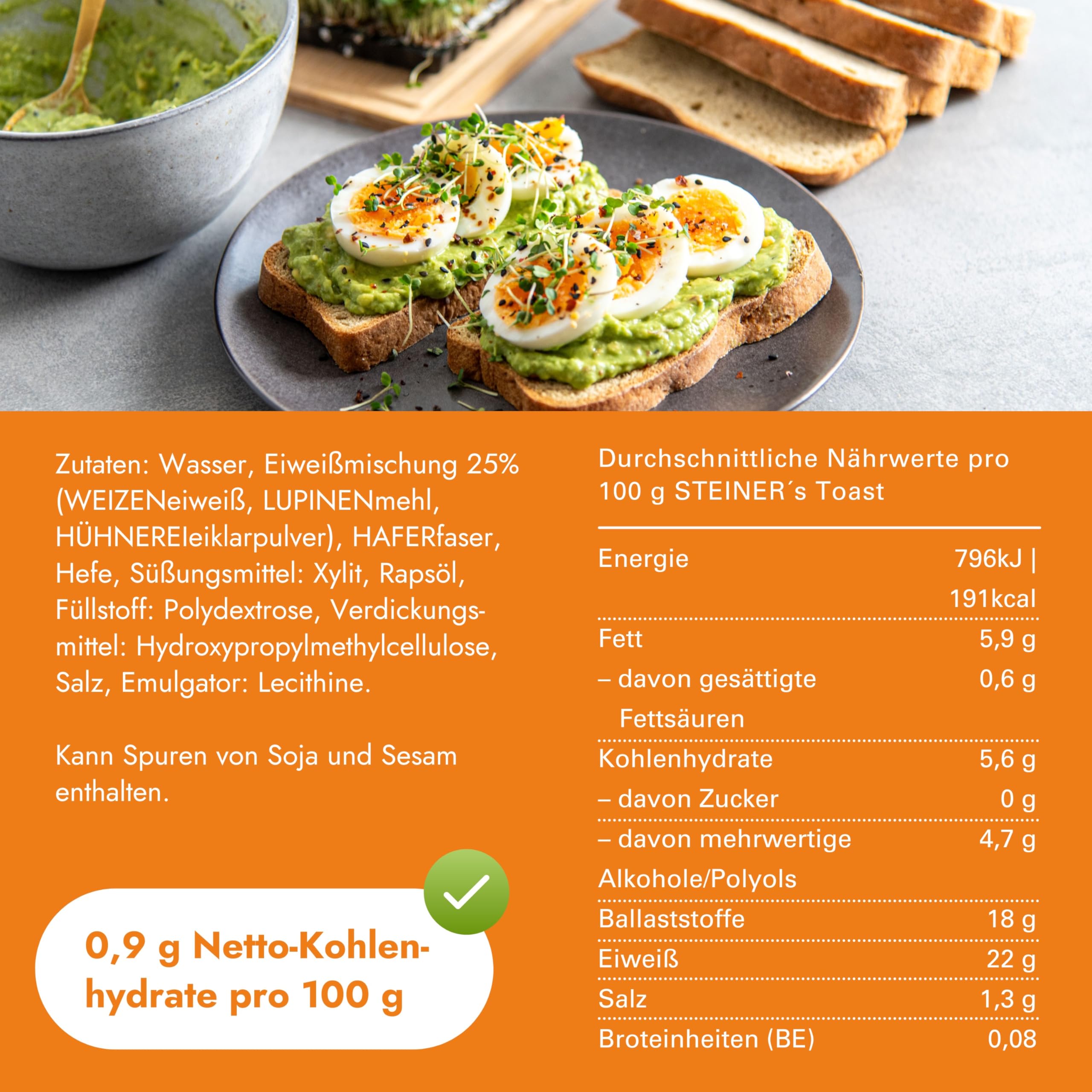 STEINER´s Low Carb High Protein Toast | 88% weniger Kohlenhydrate | high protein | nur 0,9g Net-Carbs | 22g Eiweiß (4x280g)