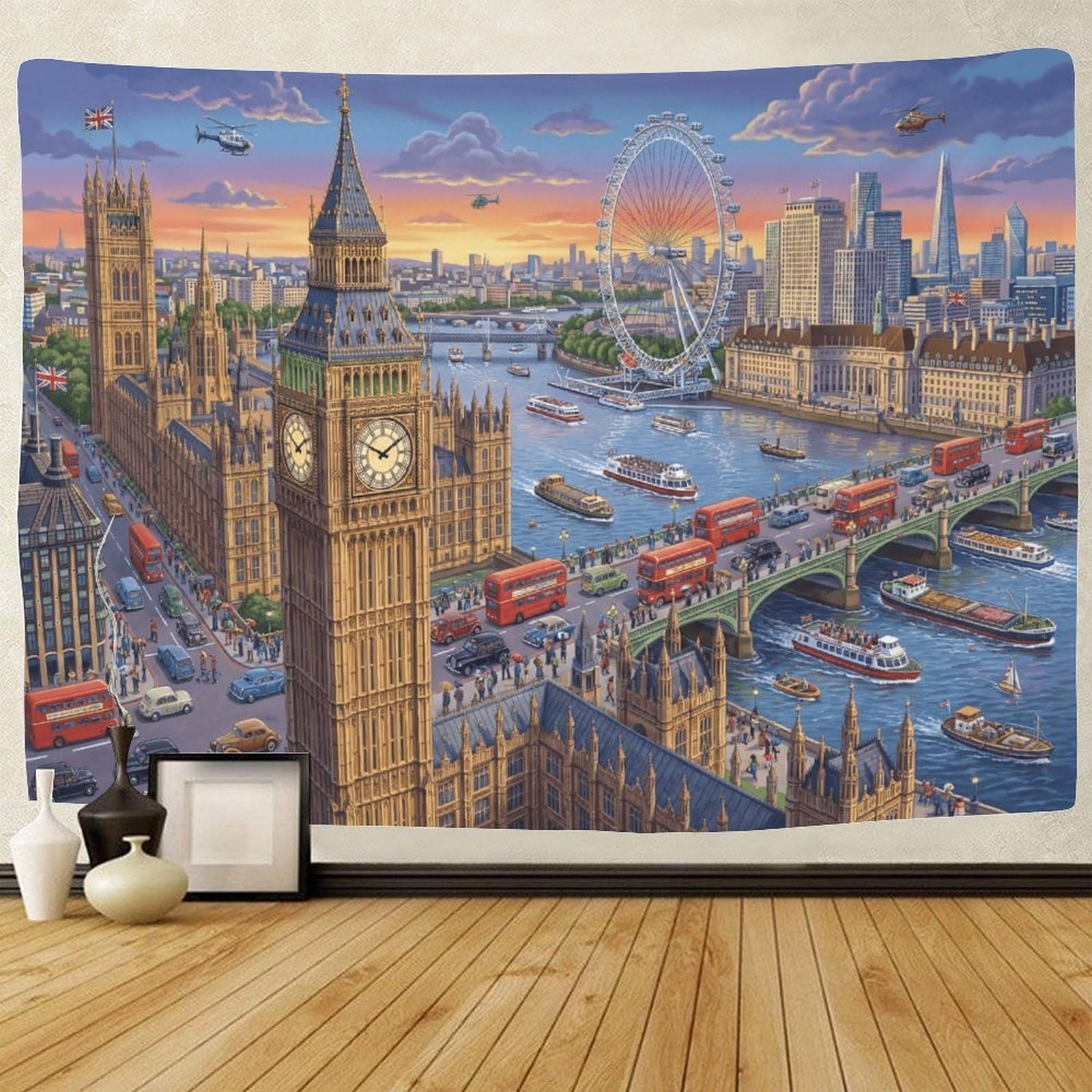 ASDFGHJKLZA Cartoon Big Ben Tapestry for Bedroom 3D Print Wall Hanging Decor London City Tapestries Poster Home Decoration Bedroom Living Room 150cmx200cm
