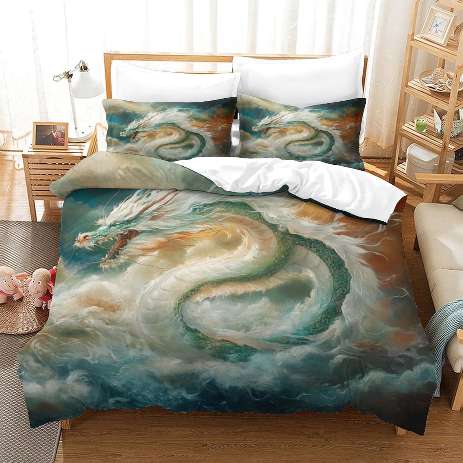 P1s9u7w5y Dragon-1 3D Printed Cloud Dragon 3Pcs Microfiber Duvet Cover Set Fantasy Dragon Bedding Set Double（200X200cm）