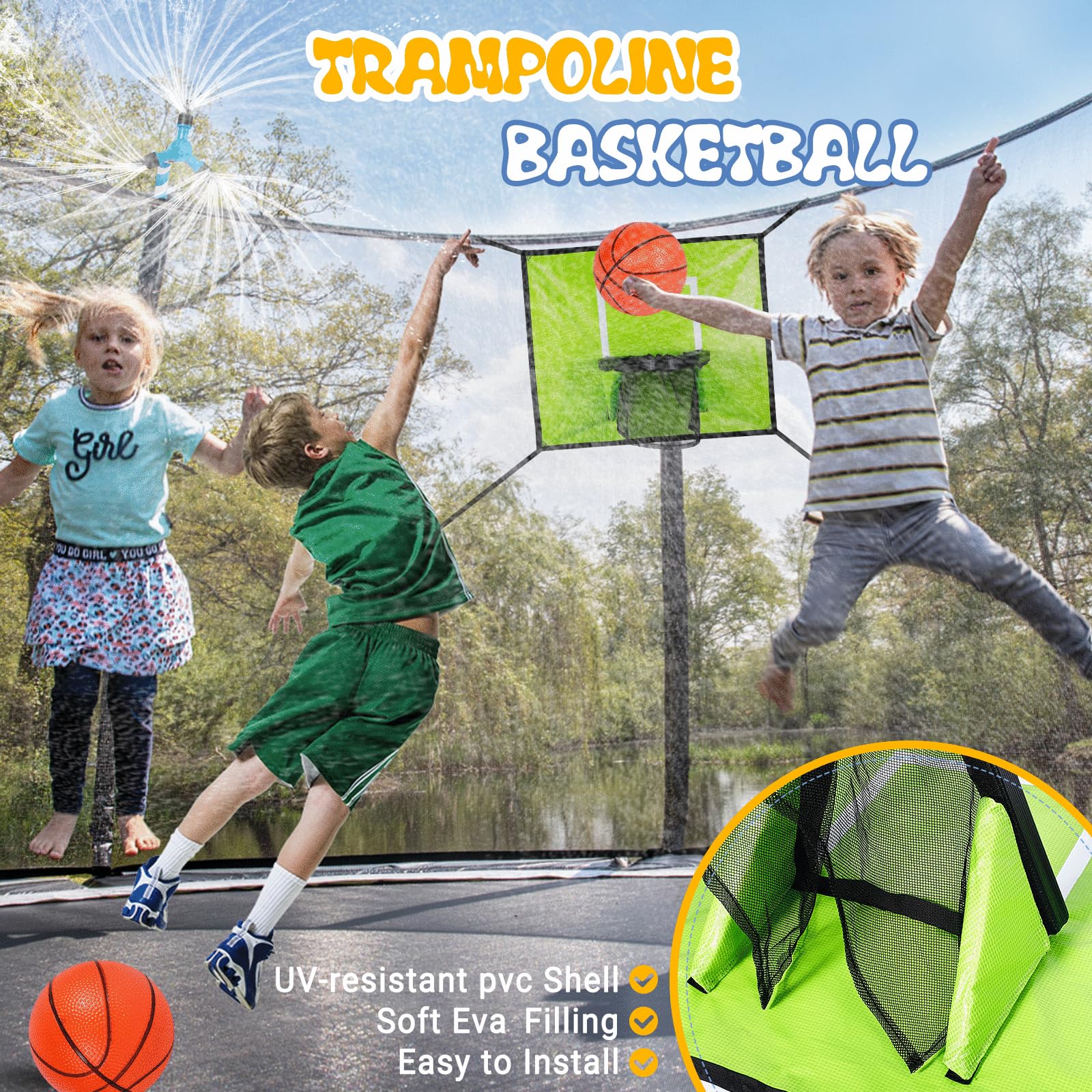 Kit di accessori per trampolino per bambini, irrigatore/canestro da pallacanestro/luci solari da 50 m, adatto per trampolino da 8 10 12 14 15 16 FT all'aperto con 3 mini palloni da basket, non