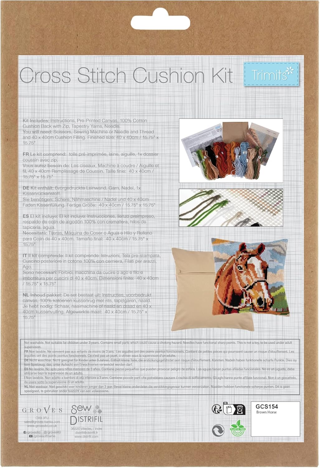 Trimits Cross Stitch Cushion Kit, Cushion Back Included, Pre Printed Canvas, Yarn and Needle Included 40 x 40cm (15.75 x 15.75in), Horse Brown