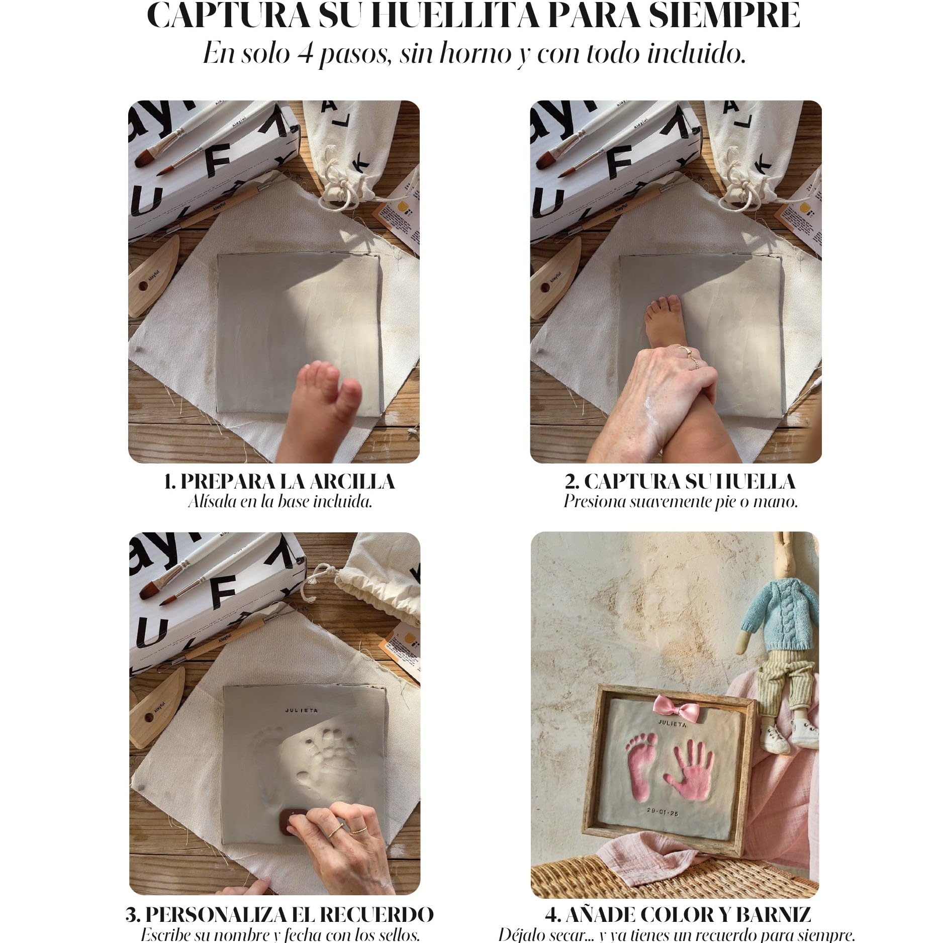 KLAYFUL Marco huellas bebé recién nacido con arcilla Kit completo para huellas bebe recién nacido, recuerdo personalizado y decorativo – Regalo bebe personalizado ideal para padres primerizos
