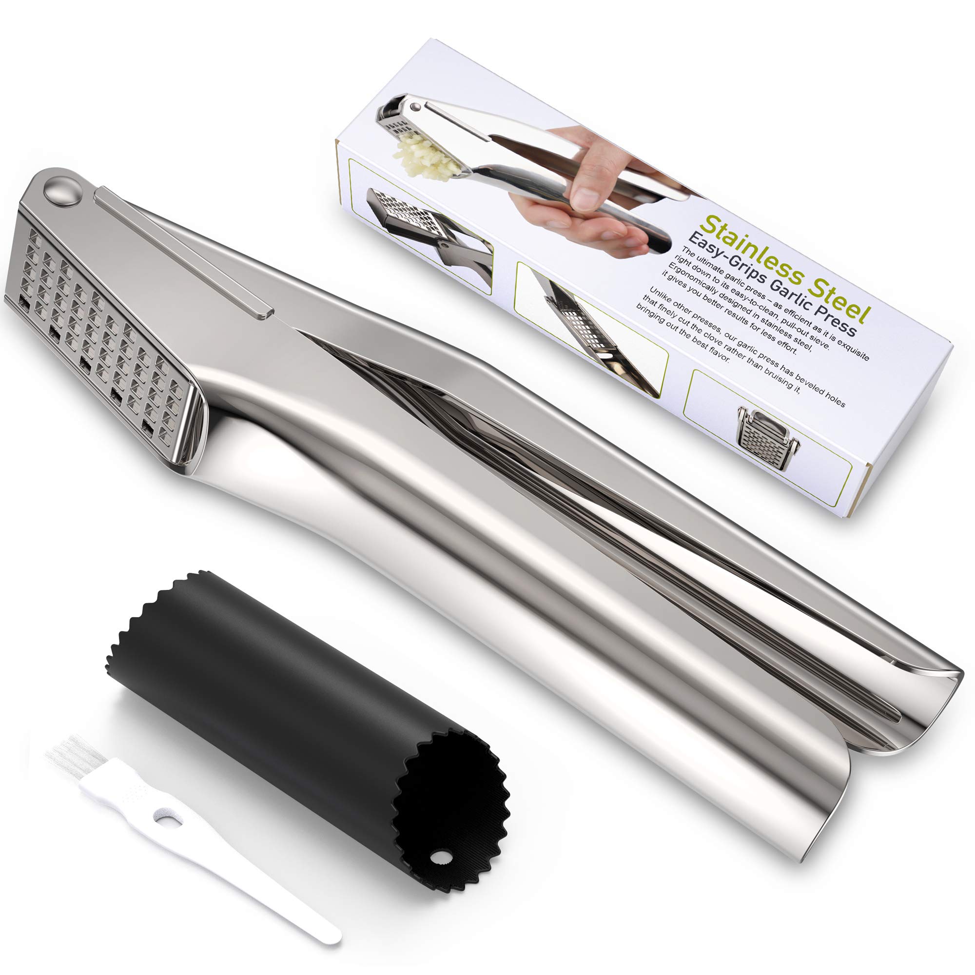 POROMI Garlic Press Set - Garlic Mincer & Crusher with Brush Cleaner and Silicone Tube Peeler - Easy Squeeze, Easy Clean, Rust-Proof Stainless Steel, Dishwasher Safe
