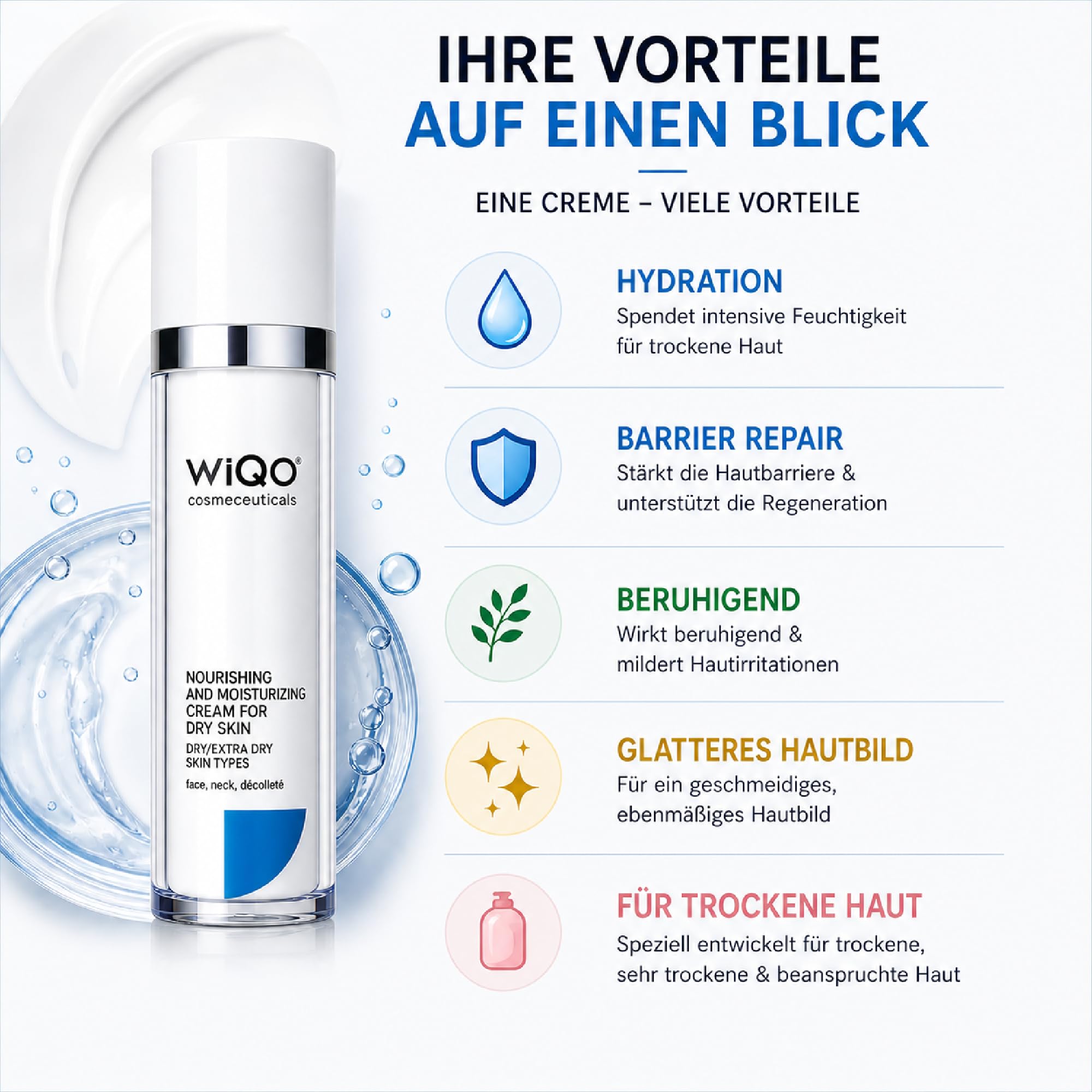 WiQo Moisturizing Face Cream 50ml – Feuchtigkeitscreme für trockene Haut – PRX-T33 Nachpflege, Repair, Hydration, Gesicht Hals Dekolleté