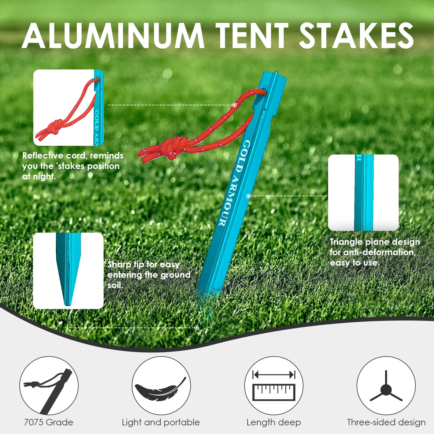 Gold Armour Tent Stakes - 12 Pack Heavy Duty, Lightweight, Camping Stakes Pegs for Outdoor Tent and Tarp, Essential Camping Gear Equipment Accessories (Blue)