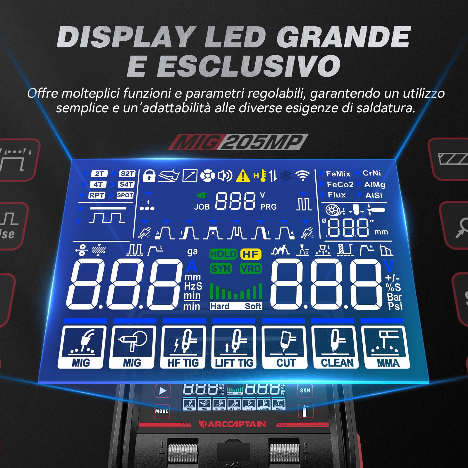 ARCCAPTAIN MIG205MP Saldatrice 9‑in‑1 con controllo iControl App/Plasma Cutter/Pulsed MIG/Flux Core/Spool Gun/DC HF‑Lift TIG/Clean/MMA per alluminio 230V Multi‑processo