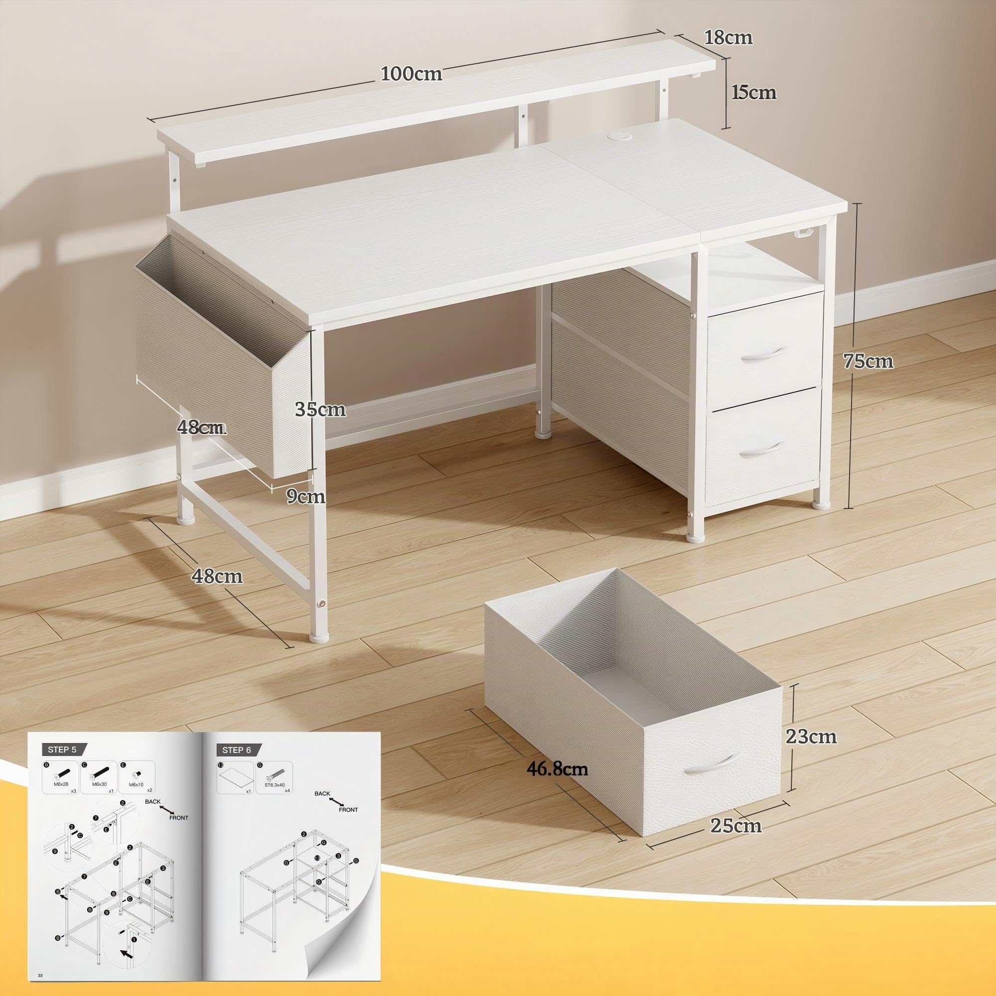 100x48 cm Rectangular Escritorio para Trabajo,Estudiar,Juegos,Blanco | Escritorio Gaming con 2 Cajones, 1 Organizador Colgante, Soporte para Monitor, 3 Altura ajustable, Gancho para Homeoficina