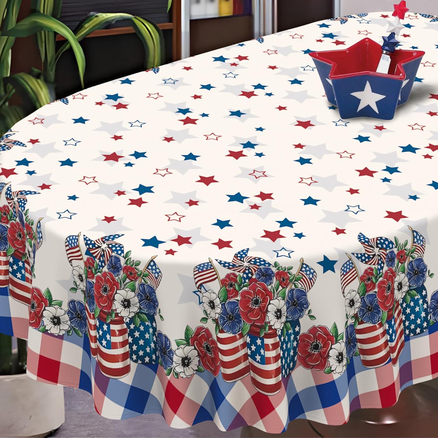 4th of July Tablecloth Waterproof Patriotic Table Cloths for Memorial Day, Independence Day Indoor Outdoor Dining Room-60"*84" Oval