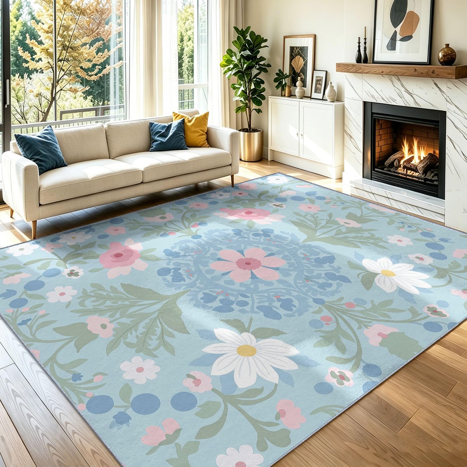 Dywan do salonu, z krótkim włosiem, antypoślizgowy, 160 x 230 cm, niebiesko-różowe, geometryczne, kwiatowe, tradycyjne, nadaje się do prania, łatwy w pielęgnacji, miękki, wytrzymały, do sypialni