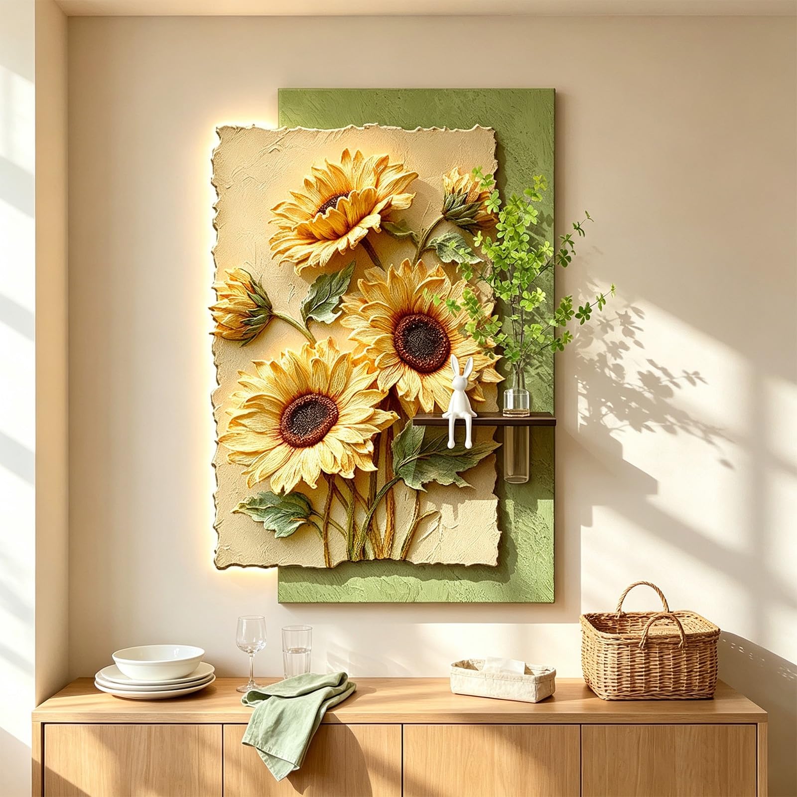 Arte Mural 3D con iluminación LED Relieve Girasol en Arenisca